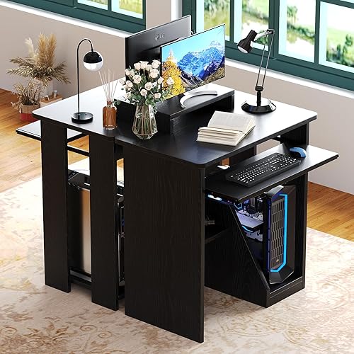 Miniatura 9 de ALISENED Escritorio pequeño de 76 cm para computadora con bandeja para teclado y soporte para monitor, escritorio de estudio y escritura con