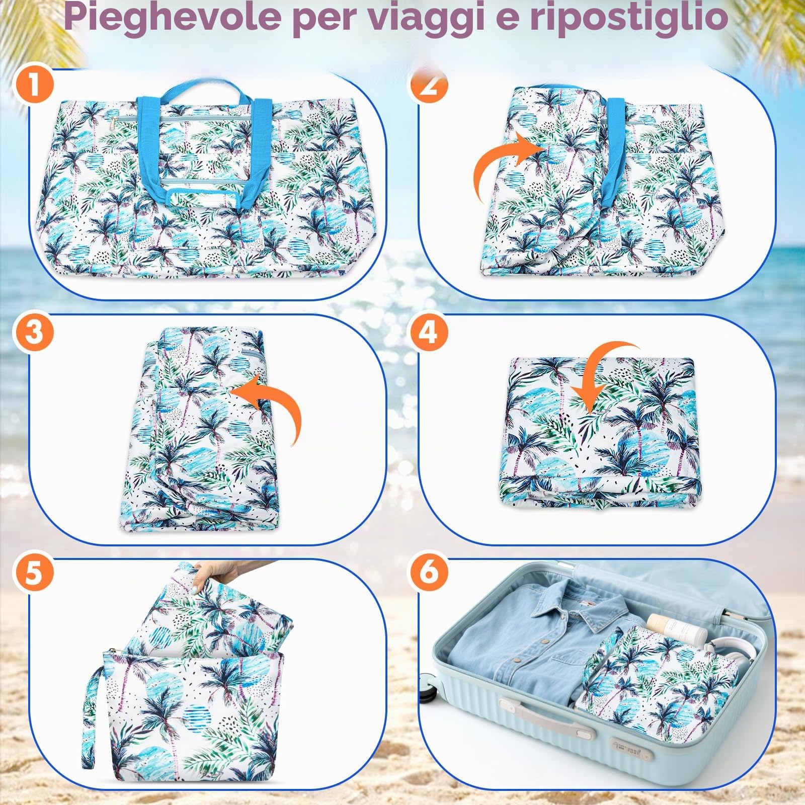 Borsa Mare Donna Grande XXL Famiglia 50L Impermeabile Borsa da Spiaggia con Cerniera Borse Mare Uomo Pieghevole Beach Tote Bag con 14 Taschen per Viaggio Shopping Picnic (Blu Foglie)