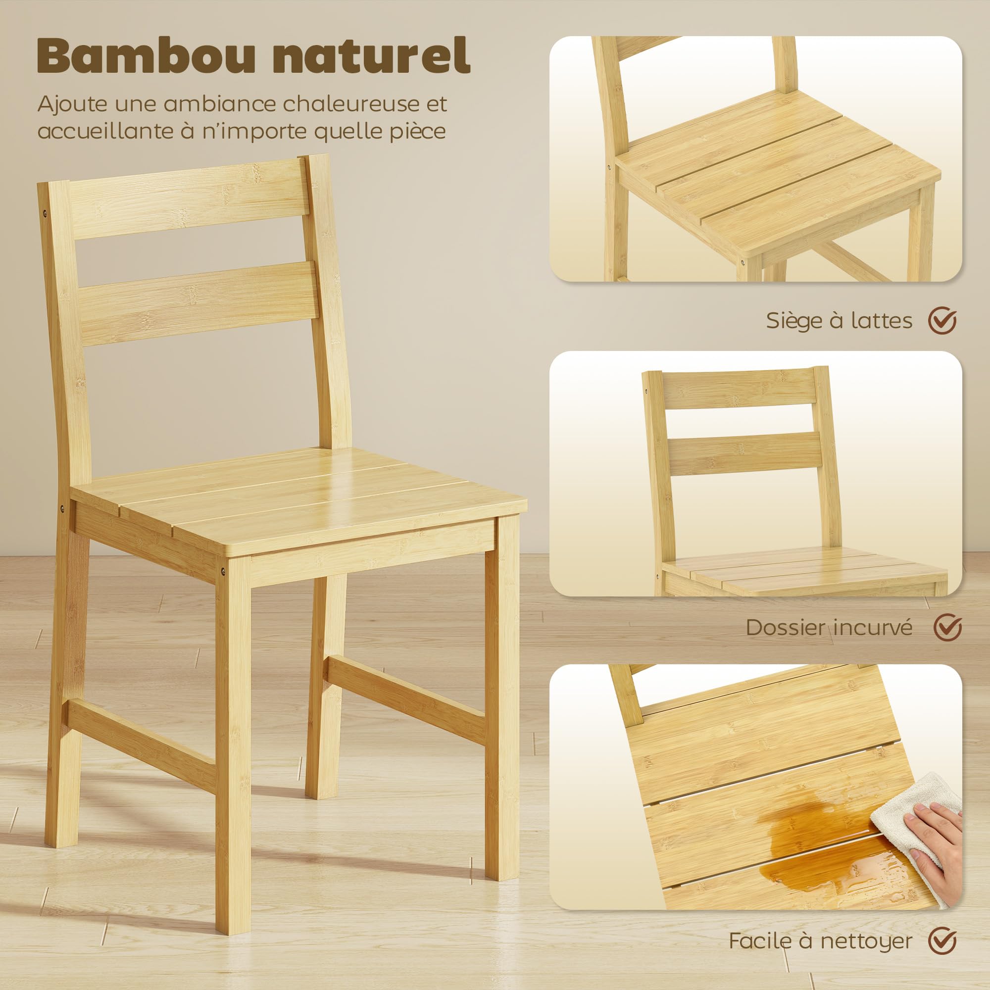 HOMCOM Lot de 2 chaises de Salle à Manger en Bambou, chaises de Cuisine sans accoudoirs avec Assise à Lattes et Dossier incurvé, pour Salon, Maison, Effet Bois Naturel