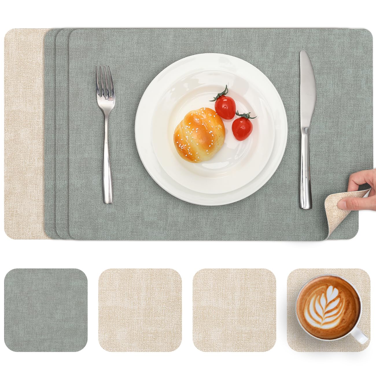 Myir JUN Reversible Vinyl Placemats and Coasters Set of 4, Faux Leather Place Mats Dual Sided Waterproof, Heat-Resistant Table Mats for Kitchen Indoor Outdoor (12" x 17", Cream-White Sage Green)