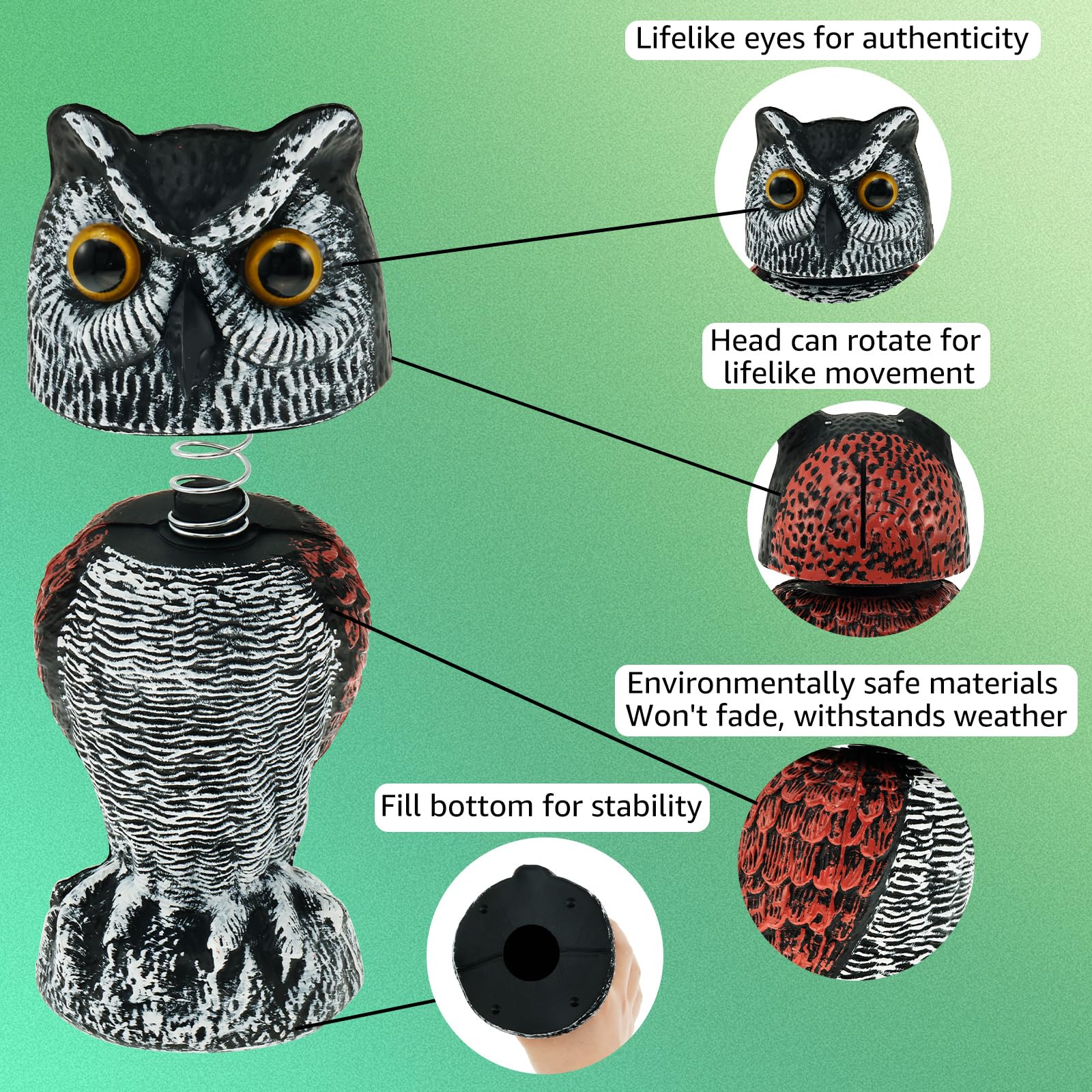 Owl Bird Scarer, Forgery Owl Decoys Simulation Garden Realistic Bird Deterrent with 360° Rotating Head Owls Statue Ornament - Image 4