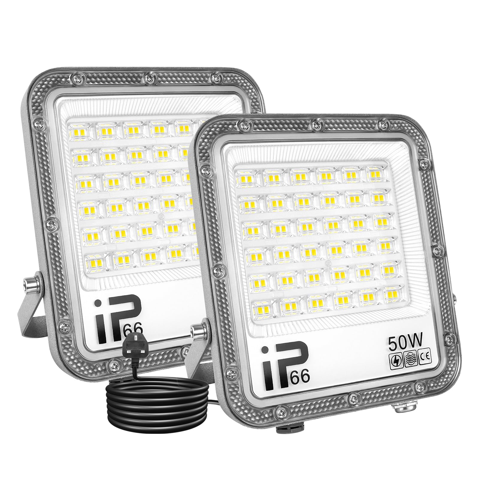 SKYWORLD LED Flood Lights Outdoor Lighting, 2x50W with Plug in Outside Work Light, 6000K Daylight, 110V