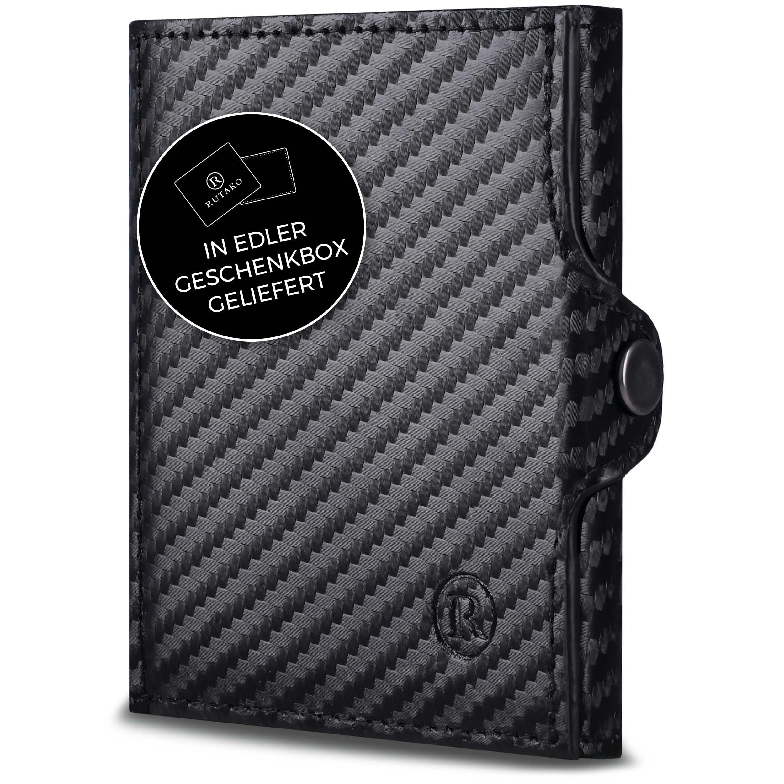 RUTAKO Slim Wallet mit Münzfach & RFID-Schutz - Kartenetui Herren & Damen - Kreditkartenetui klein - Mini Geldbörse - Portmonee Portemonnaie klein - Geldbeutel Carbon-Schwarz