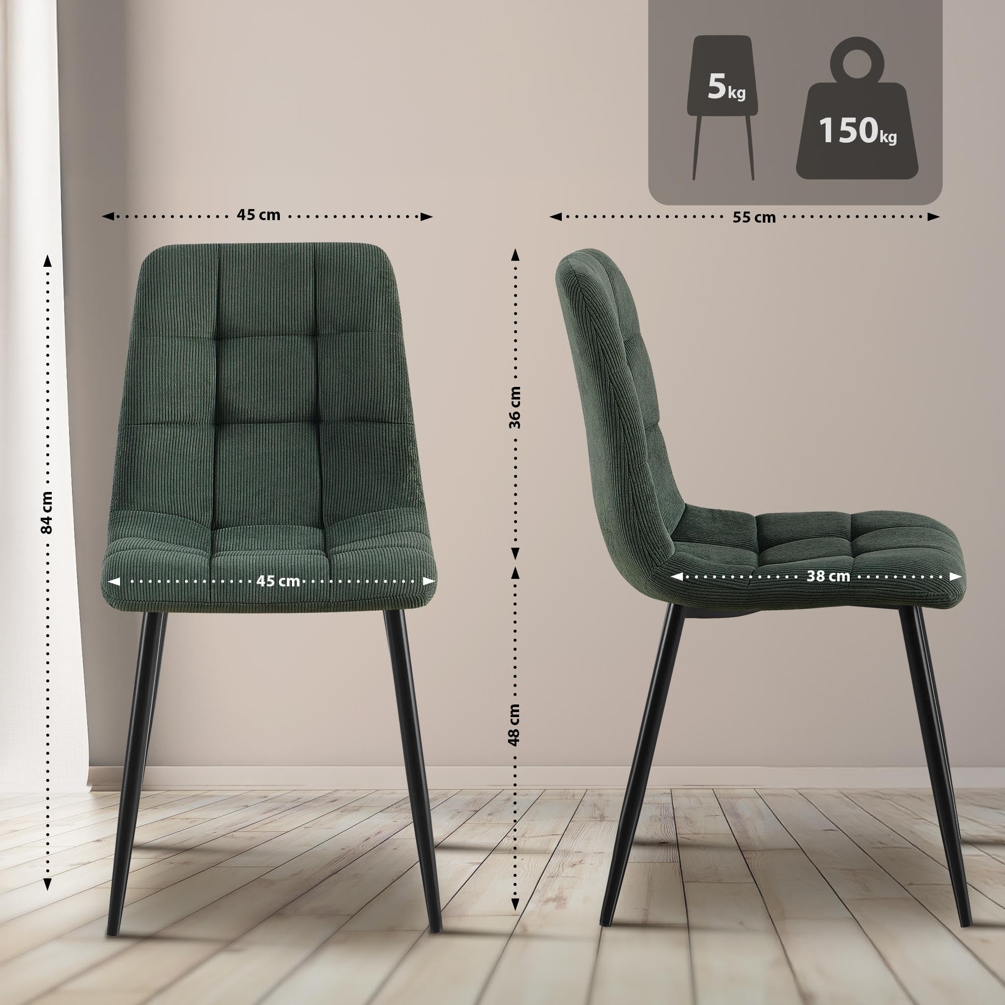 CLP Silla de Comedor Antibes I Silla de Cocina tapizada con Funda de Pana Acolchada I Carga máxima 150 kg Color:Verde Claro
