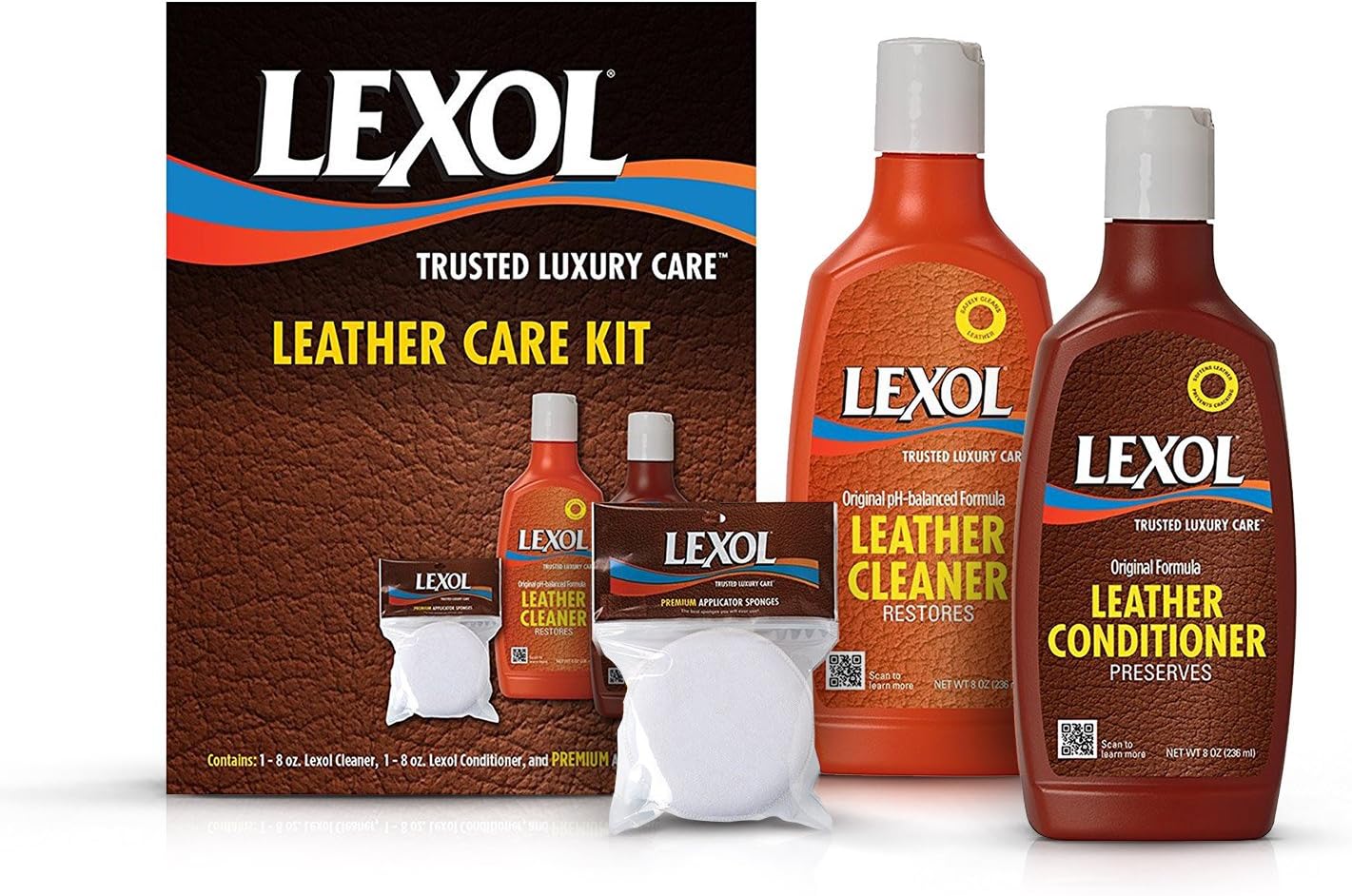 Lexol Leather Cleaner and Conditioner and Sponge Kit, For Use on Leather Apparel, Furniture, Auto Interiors, Shoes, Handbags and Accessories