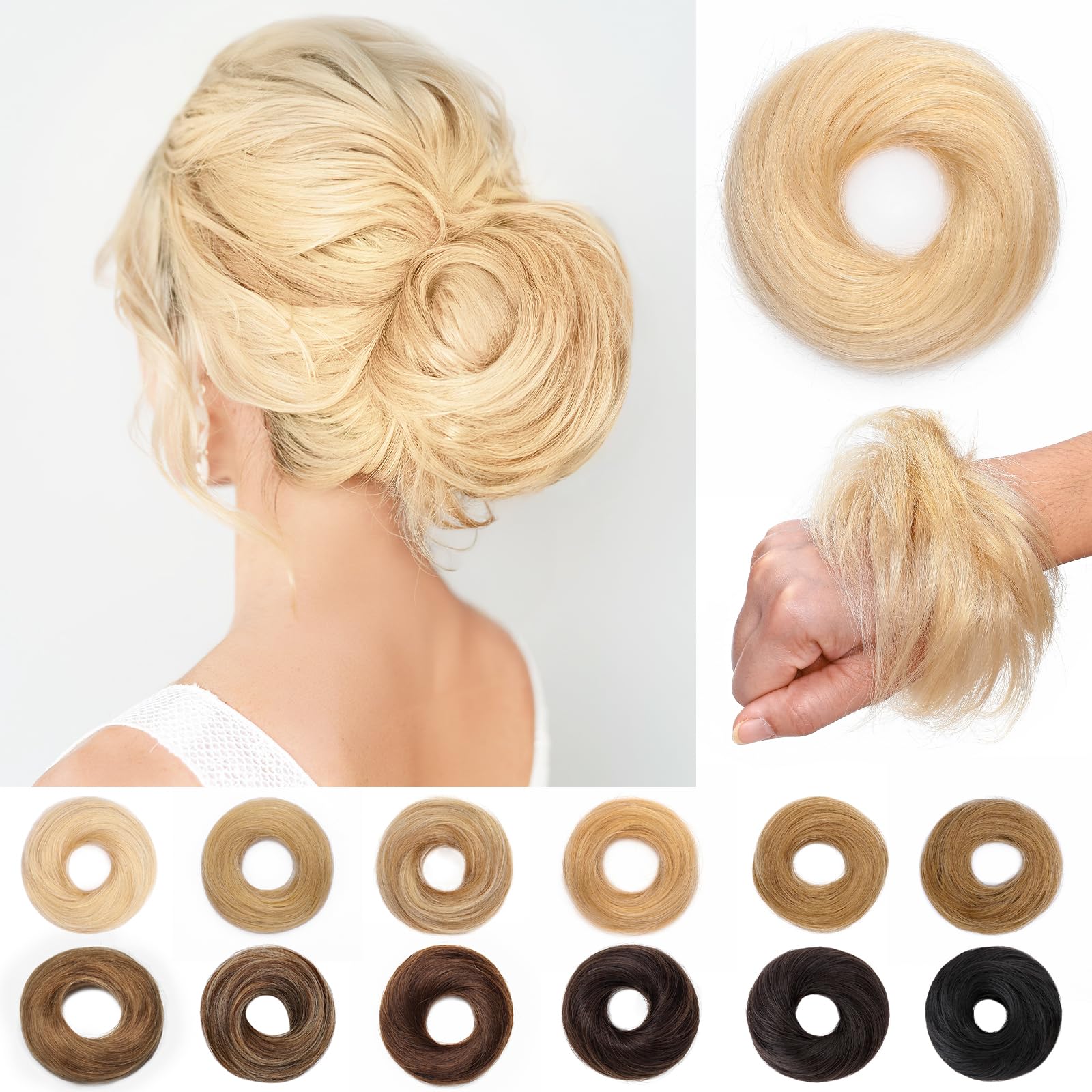 SEGO Pro Real Human Hair Messy Bun Scrunchie, Donut Bun Hair Piece for Women - Straight, 60# Platinum Blonde, Pack of 1