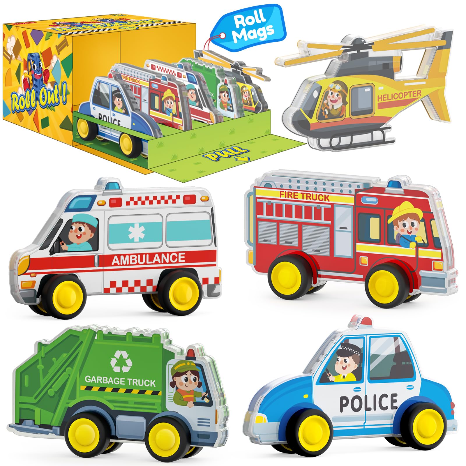 Oriate Rolling City Vehicle for Magnetic Tiles, Free Wheels Rescue Toy Cars Compatible with Road Magnet Tiles, Car Toys for Kids Urban Road Traffic Magnetic Tiles Toys, Educational Gift Boys Girls — image 1