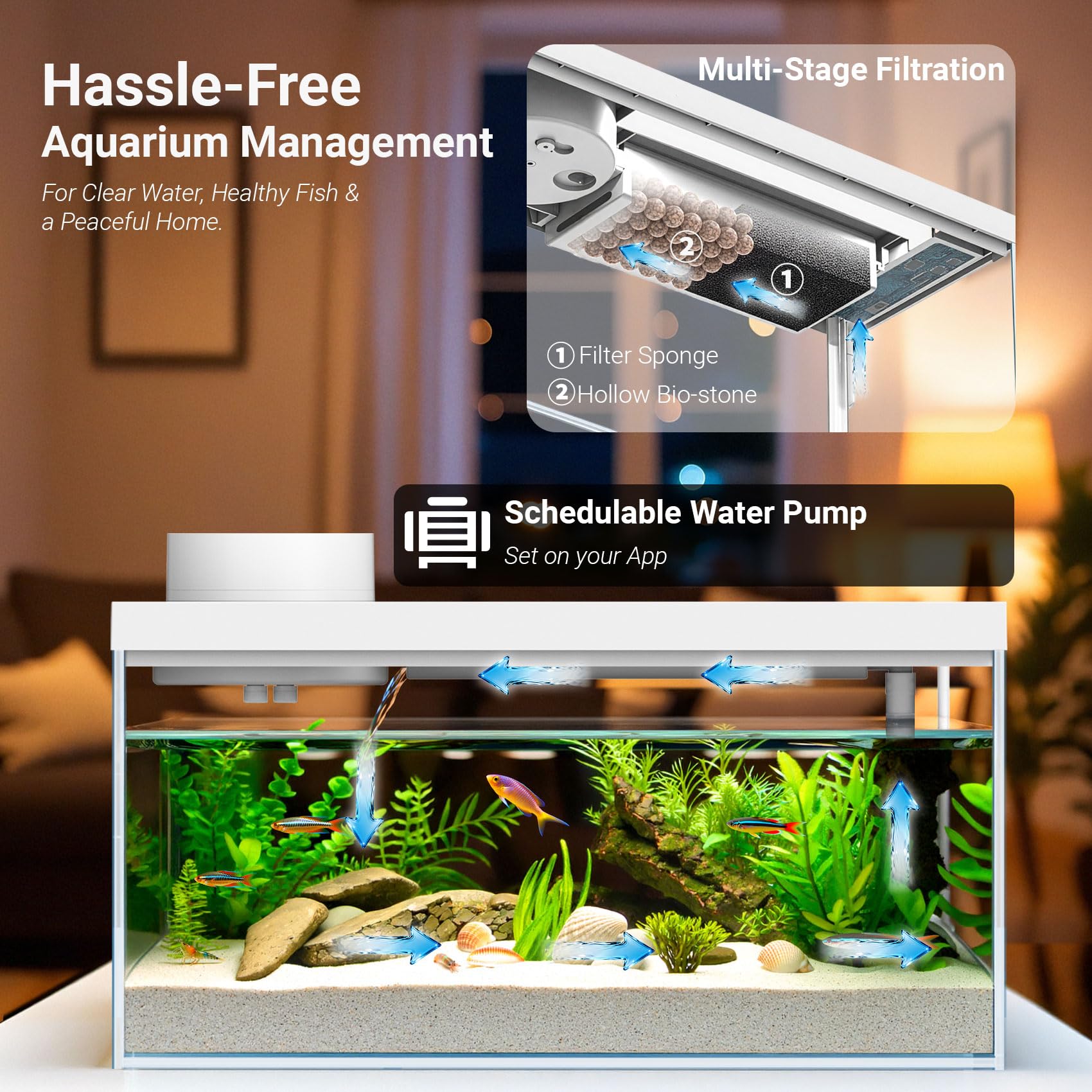 Smart Desktop Aquarium Kit mit App-Steuerung – 1,3 Liter Glas-Fischbecken mit automatischem Futterspender, RGB-Beleuchtung und Temperaturüberwachung – selbstreinigendes Filtersystem für Betta, Guppy