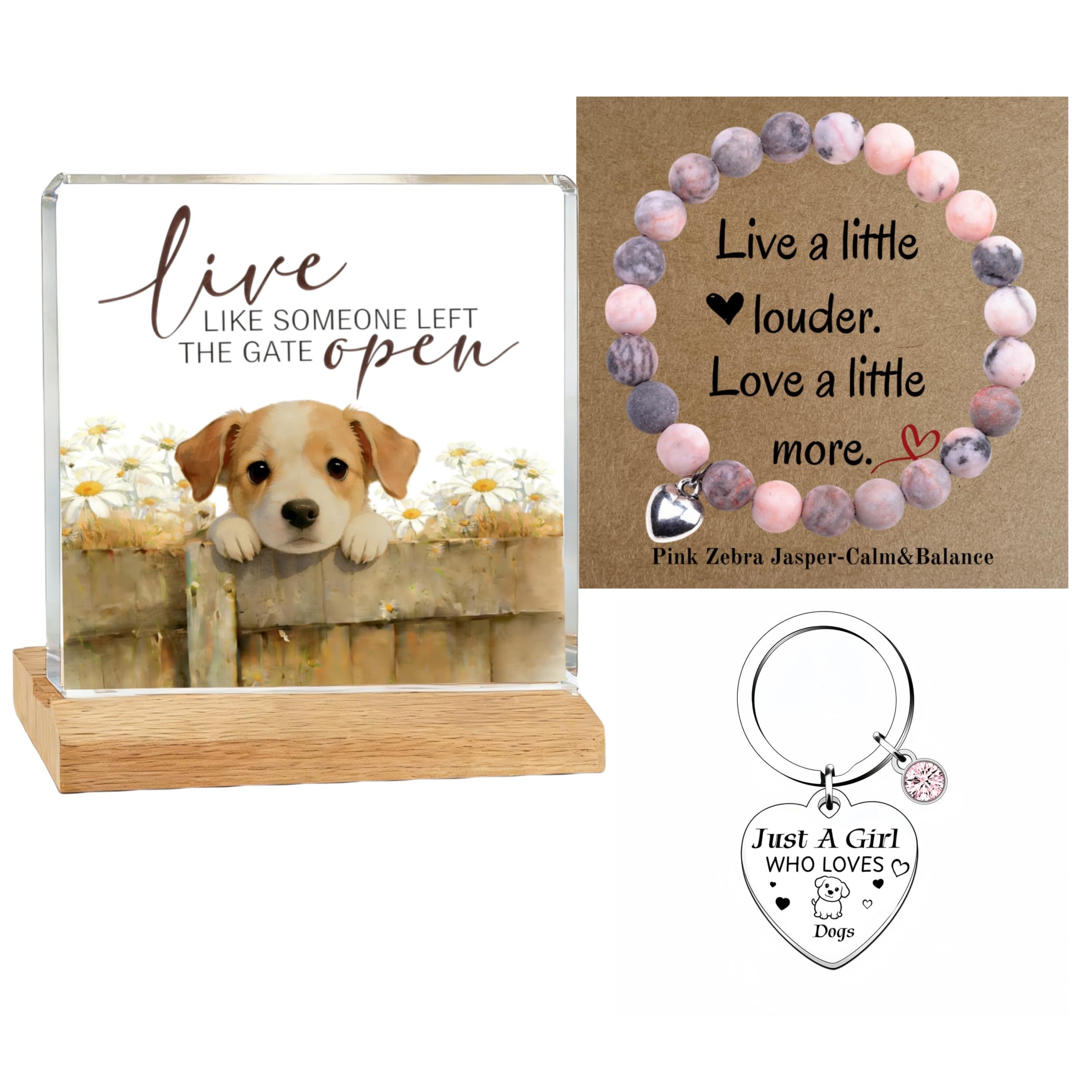 Dog Mum Gifts for Women - 3-in-1 Dog Lover Gift Set with Pink Zebra Jasper Wristlet Keychain Accessory, Acrylic Desk Plaque Decor & Heart Keyring - Just A Girl Who Loves Dogs Birthday Present for Mum