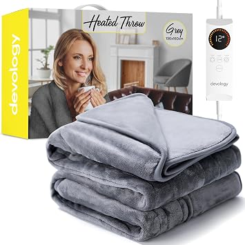 Heated Throw - Electric Blanket - Digital Controller - Timer up to 12 hours, 6 Heat Settings, Auto Shutoff - Machine Washable - Single 130x160cm - Grey
