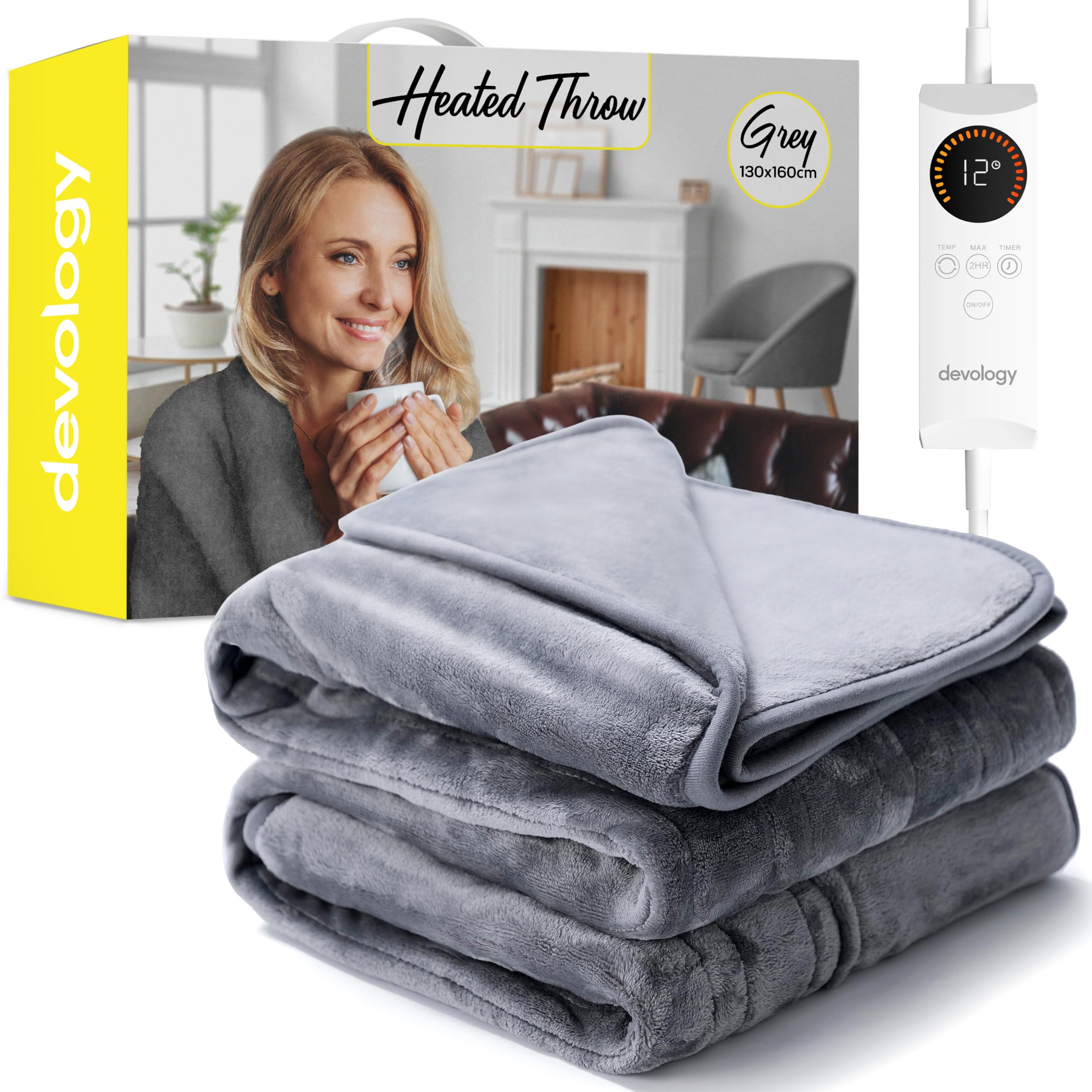 Devology Grey Heated Throw - Electric Blanket - Digital Controller - Timer Up To 12 Hours, 6 Heat Settings, Auto Shutoff - Machine Washable - Single 130X160cm