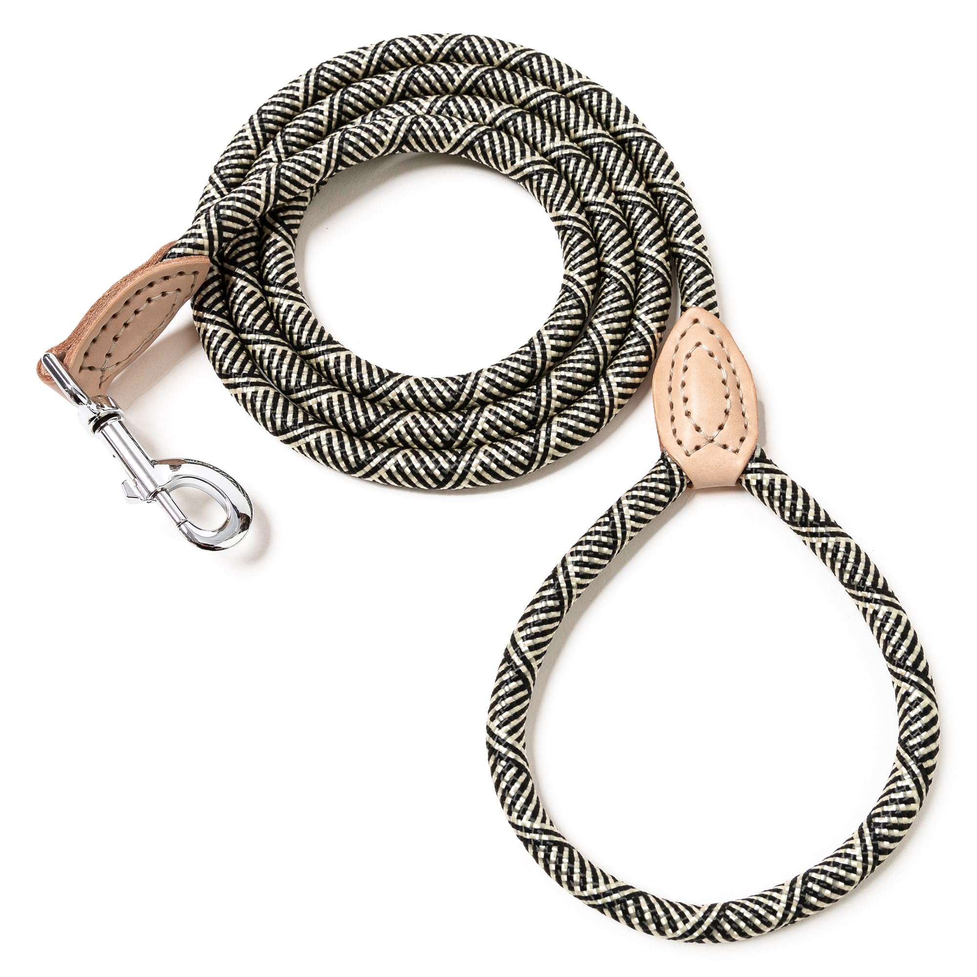 Mile High Life Rope Leash with Genuine Leather Connection, 6 FT/5 FT/4 FT, Heavy Duty Leash for Small Medium & Large Dogs(Black Beige,48 Inch)