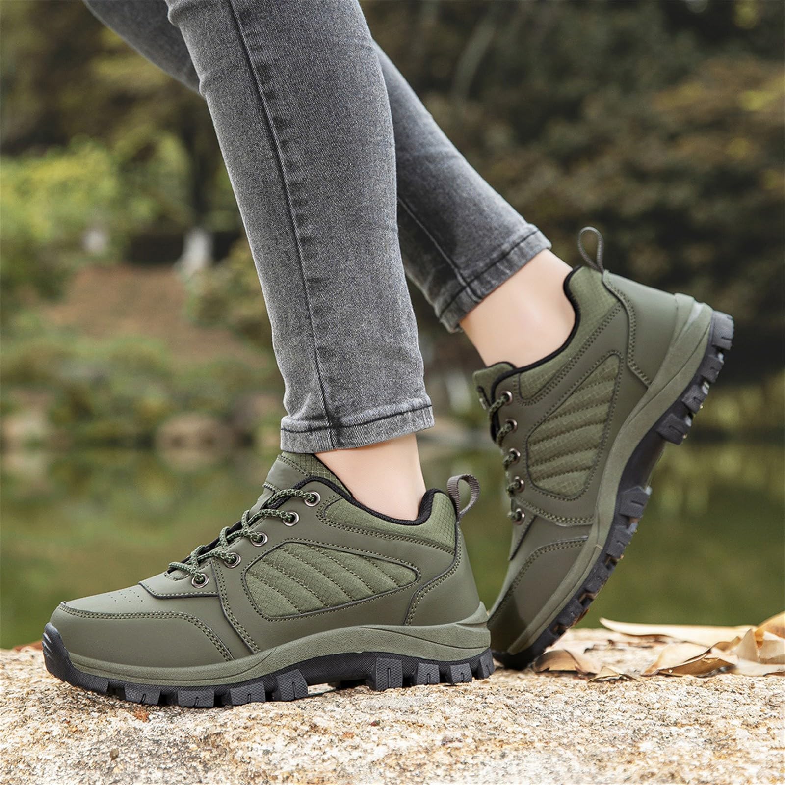 Generisch Chaussures de randonnée pour femme - Pieds larges - Chaussures de trekking avec dessus en cuir - Chaussures de randonnée légères - Chaussures de marche confortables à enfiler - Résistantes à