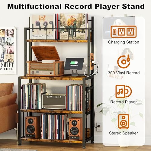Miniatura 6 de EasyCom Soporte para tocadiscos con almacenamiento de vinilo, soporte para tocadiscos con capacidad para hasta 300 álbumes, mesa grande para
