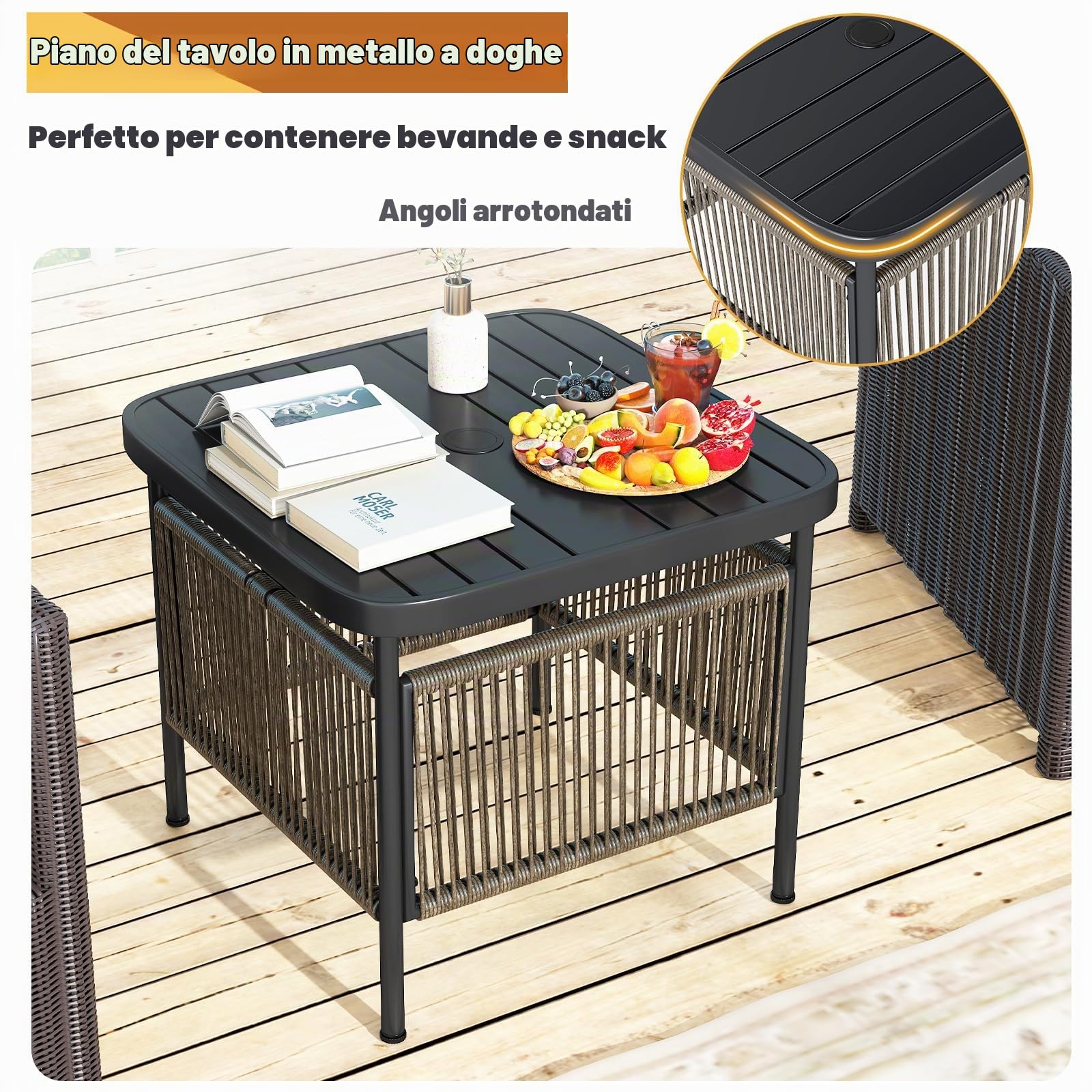 LIFEZEAL Tavolino da Giardino con Foro per Ombrellon in PE Rattan e Metallo