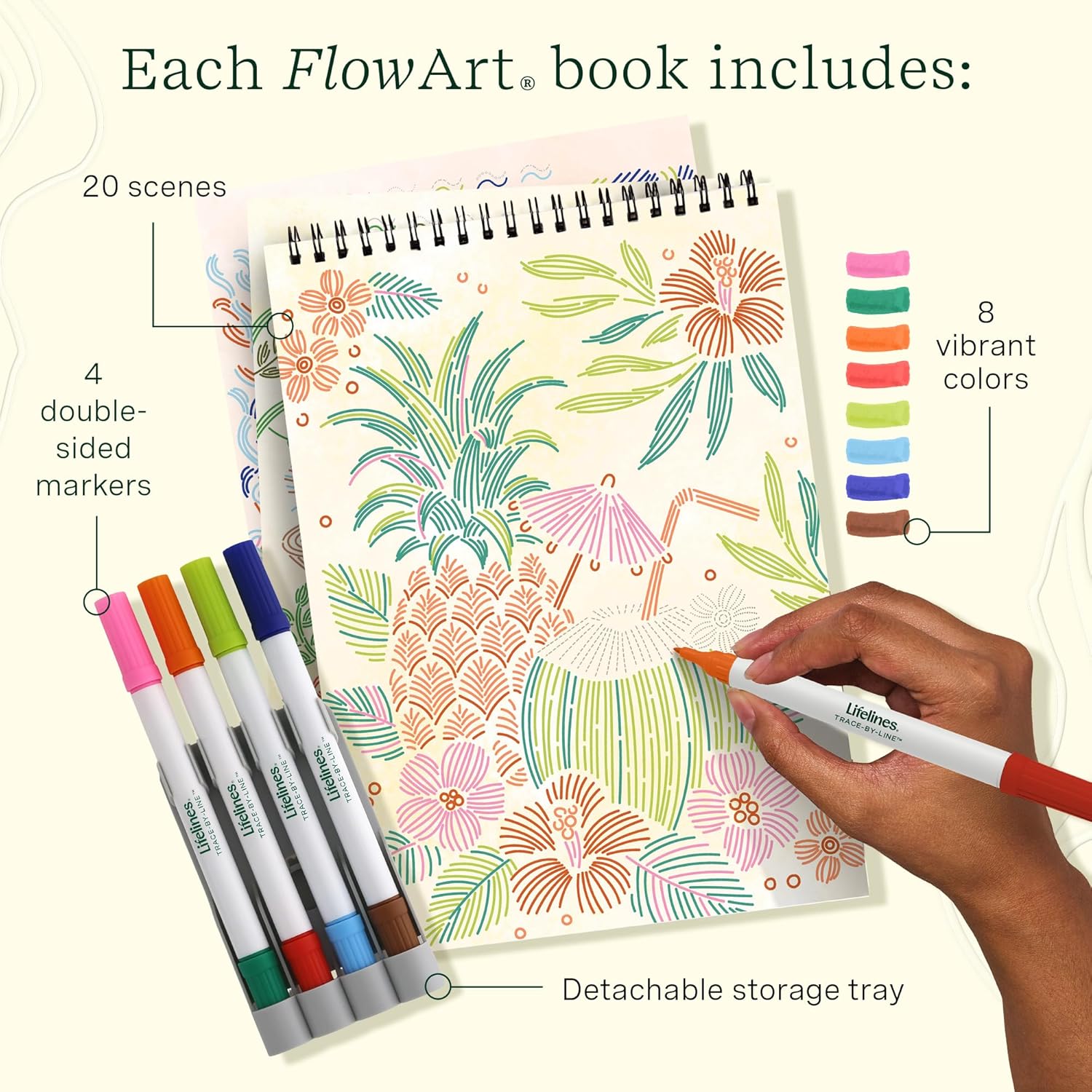 Lifelines FlowArt Activity Pads, 2-Pack & Bonus Pad - Guided Tracing Art Meditations with Markers - 8 Double-Sided Markers & 48 Scenes - Trace-by-Line Coloring Books for Tweens, Adults & Seniors