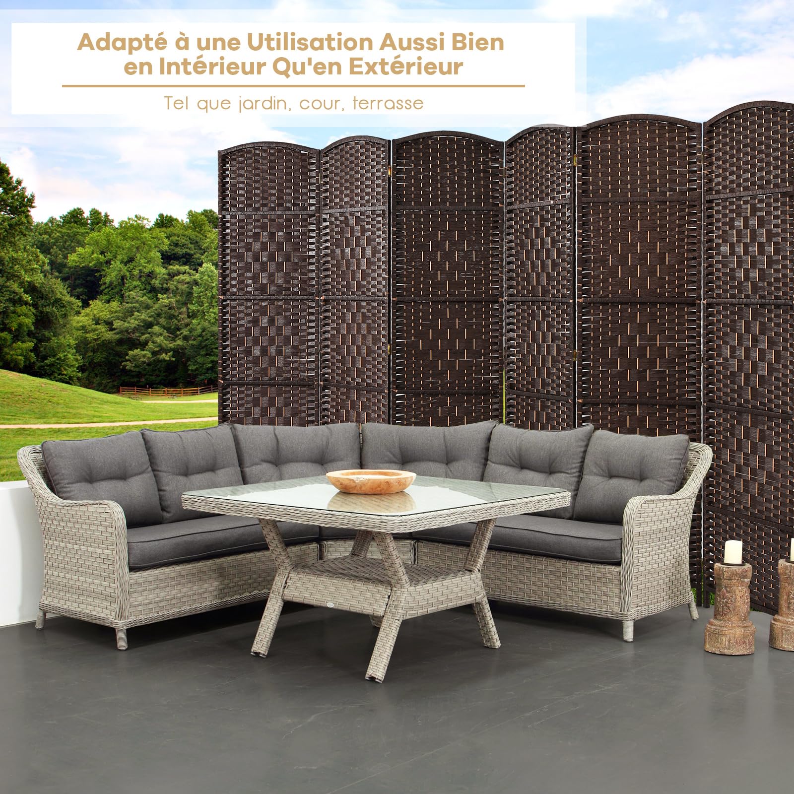 COSTWAY Paravent Interieur Exterieur Pliable à 6 Panneaux, Cloison de Separation Interieur 273 x 180, cm, Cadre en Bois de Peuplier, Separateur de Pieces pour Salon Bureau Balcon (273 x 180 cm,Marron)