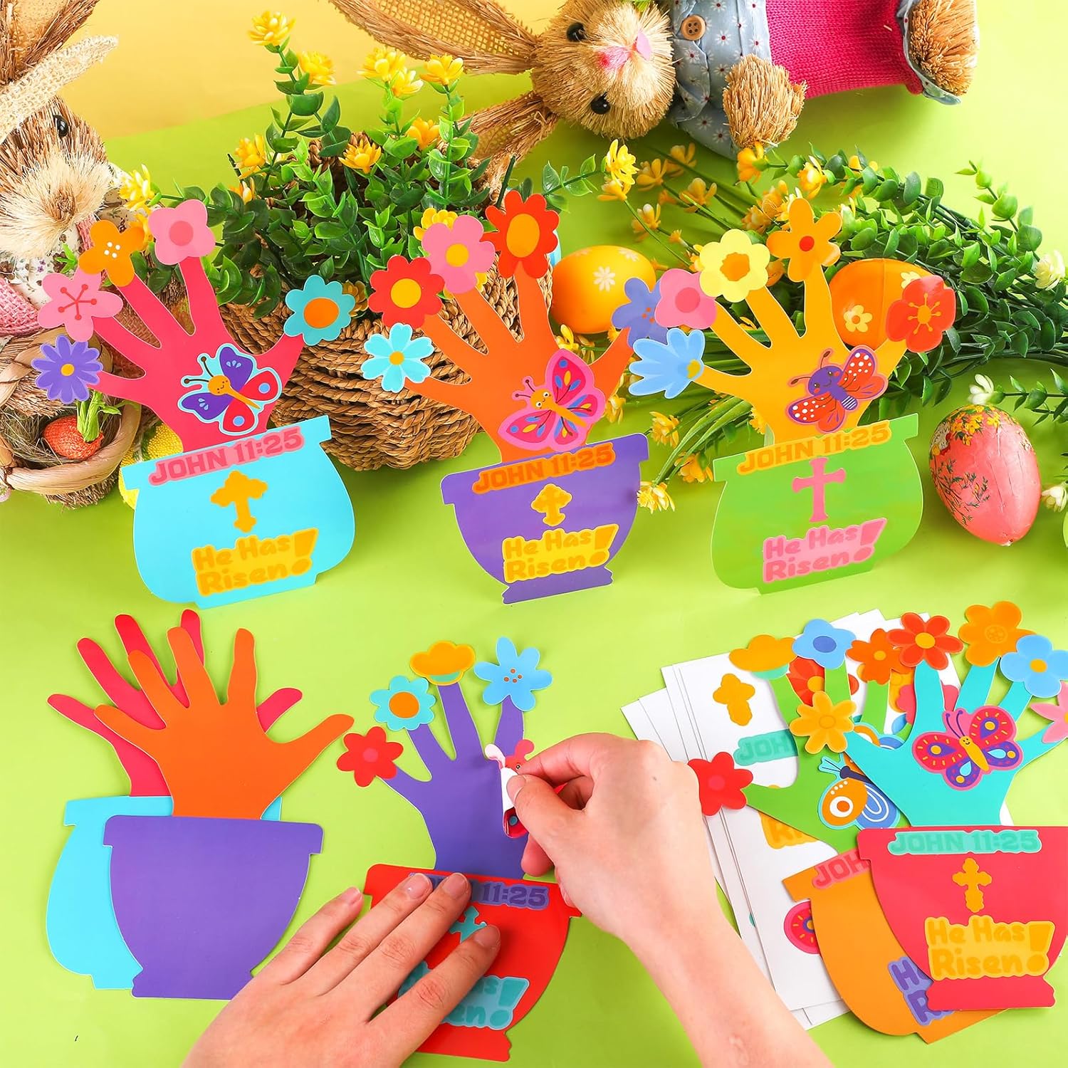Wettarn 30 Pcs Easter He Has Risen Handprint Craft Kit Christian Make Your Own Religious Flowerpot Craft for DIY Flower Pot Home Activities Sunday School Supplies Spring Party