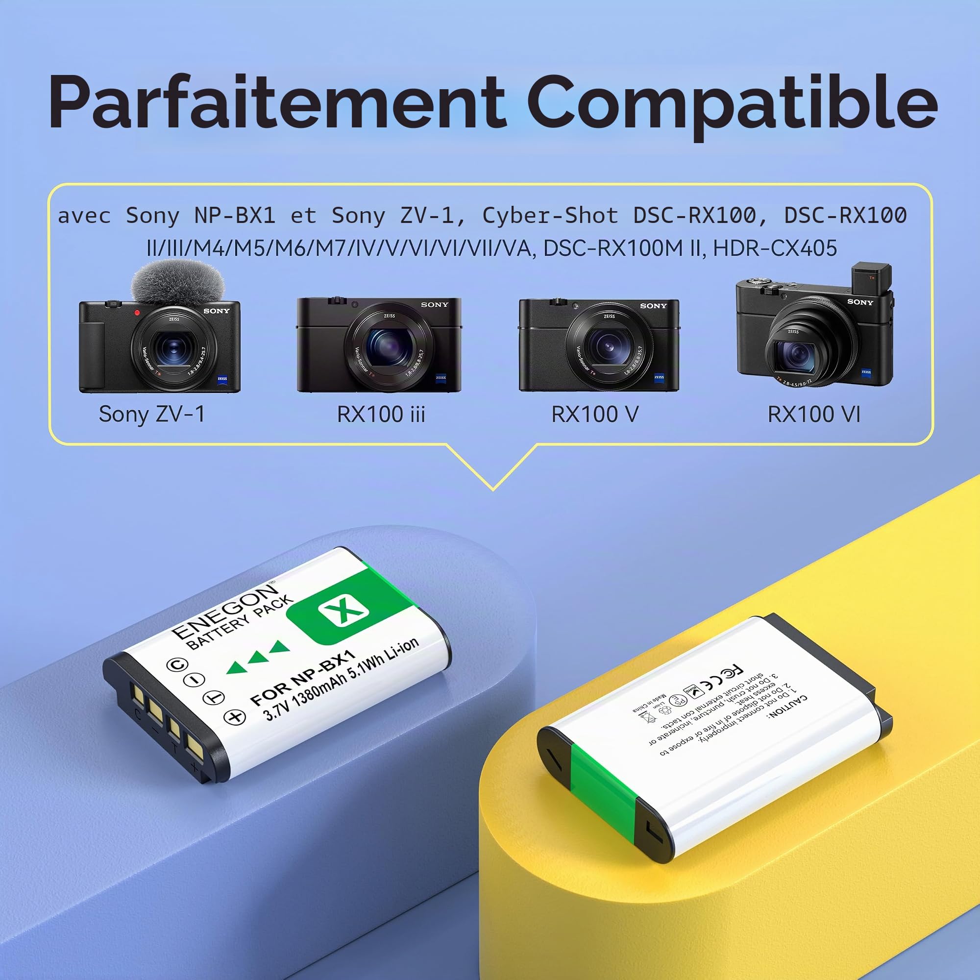 ENEGON NP-BX1 Batterie (2 X 1380mAh) + Chargeur LCD avec Stockage (SD) pour Sony NP-BX1 et ZV-1/ZV-1 II, DSC-RX100, DSC-RX100 VII/VI/V/IV/III/II/VA (M7-M2), HDR-CX405, FDR-X3000, HX300