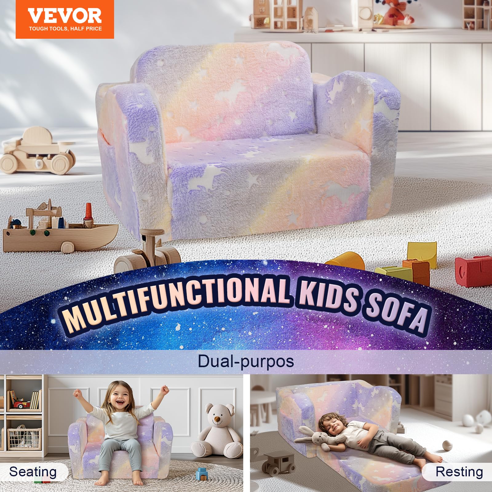 VEVOR Seggiolone Pieghevole 2 in 1, Divano Letto per Bambini Comodo, Divano Schiuma 25D Convertibile, Mobili da Sala Giochi per Bambini Arcobaleno