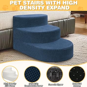 Dog Stairs 3 Steps Foam Pet Ramp for Small Dogs Cats, Navy Blue