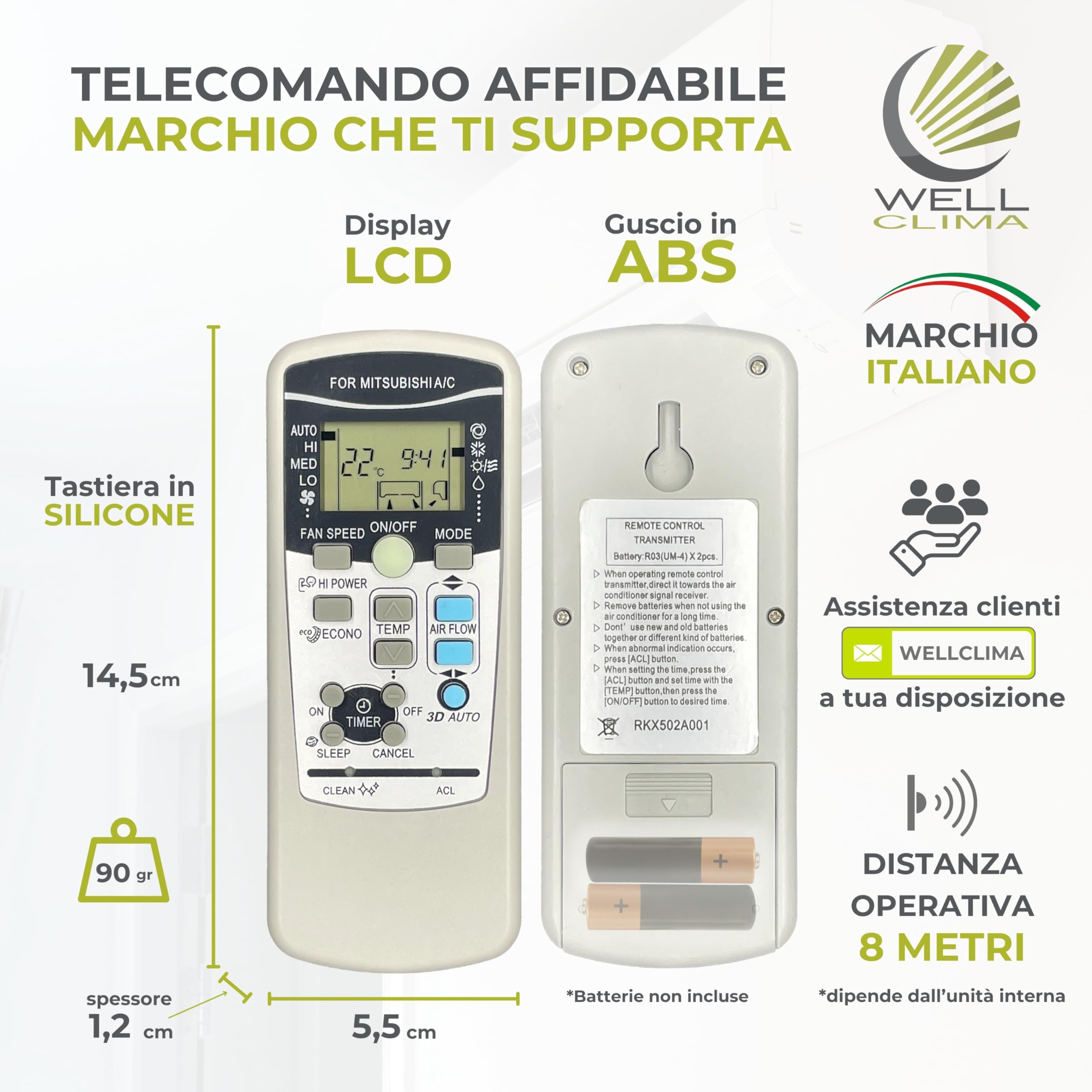 Wellclima Telecomando RKX502A001 per condizionatore compatibile con Mitsubishi Heavy Industries – Sostituisce RKX502A001B, RKX502A001C, RKX502A007, RYD502A017 e altri – Pronto all’uso