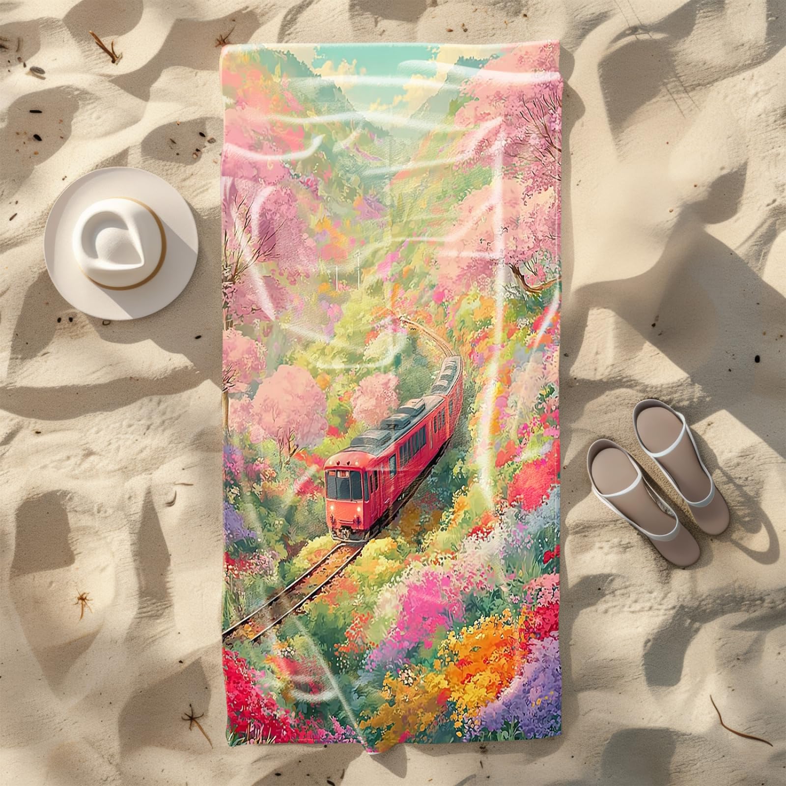Tapis de Plage XXL Anti Sable Train, Rouge Serviette Piscine Adulte,Natte De Plage Pliable, Voyage Accessoires De Plage Camping,Serviette de Bain Personnalisée