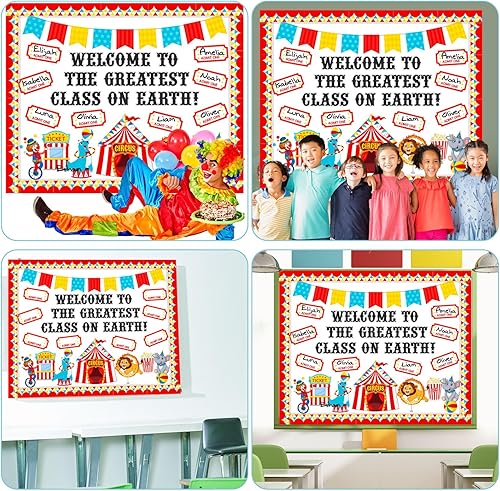 Miniatura 6 de Funrous Juego de tablones de anuncios de carnaval de circo, decoración de aula de circo para escuela, tienda de campaña de bienvenida, carpa de