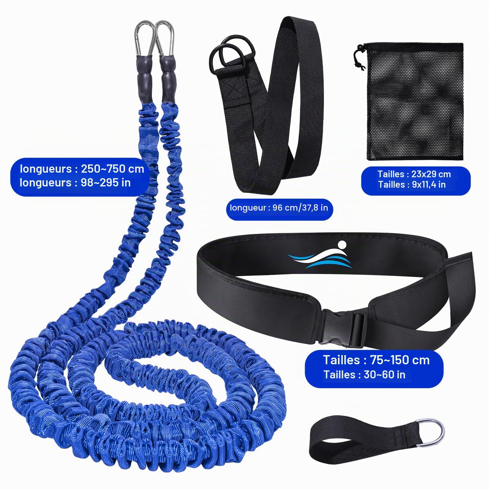 2,5-7,5 mètres de Ceinture de résistance réglable, Ceinture de Natation pour Enfants en Piscine, Aide à la Natation pour Toute Piscine sans système de Contre-Courant (Enfants, Bleu)