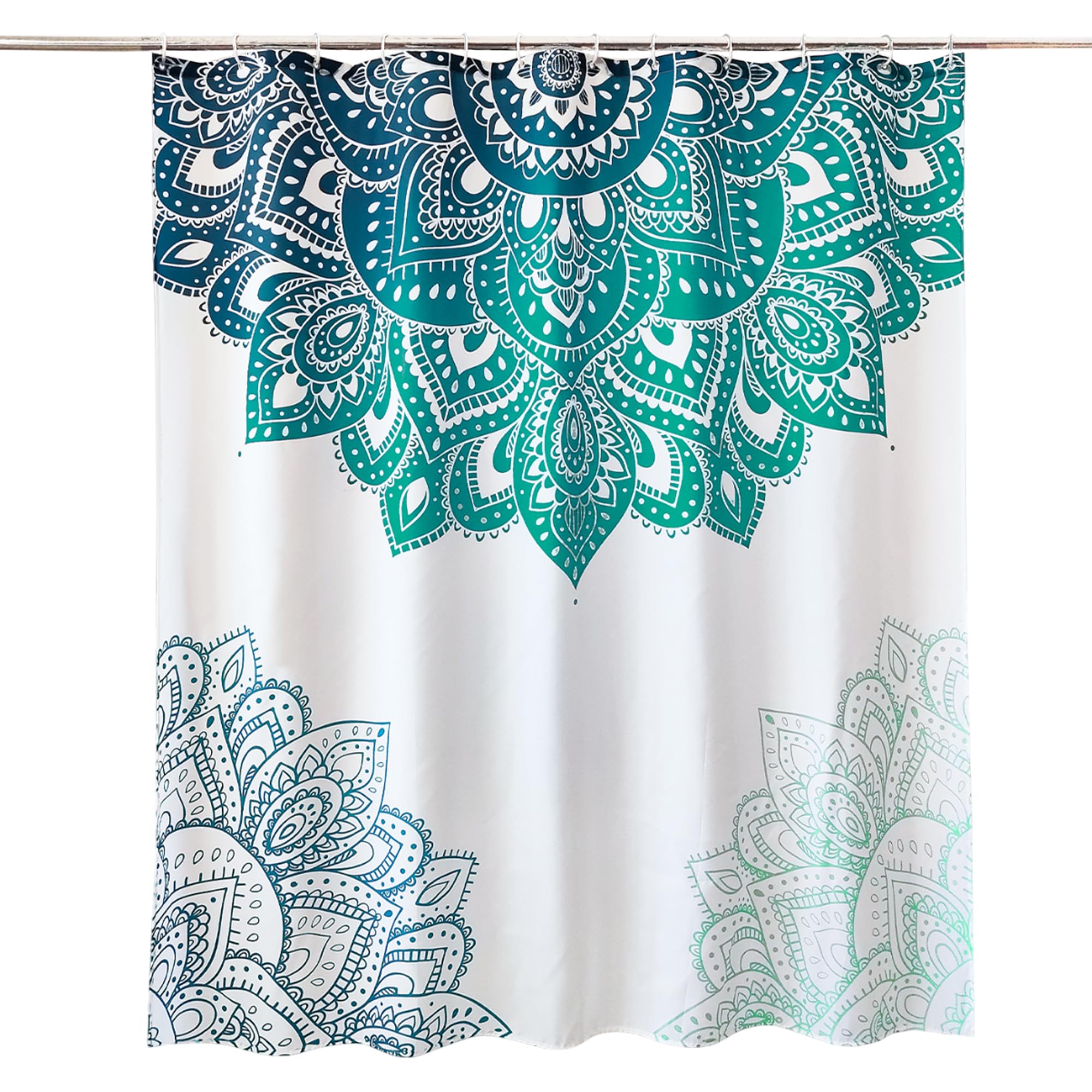 WedDecor Mandala Shower Curtain, Soft Polyester, White & Green, 180x200cm