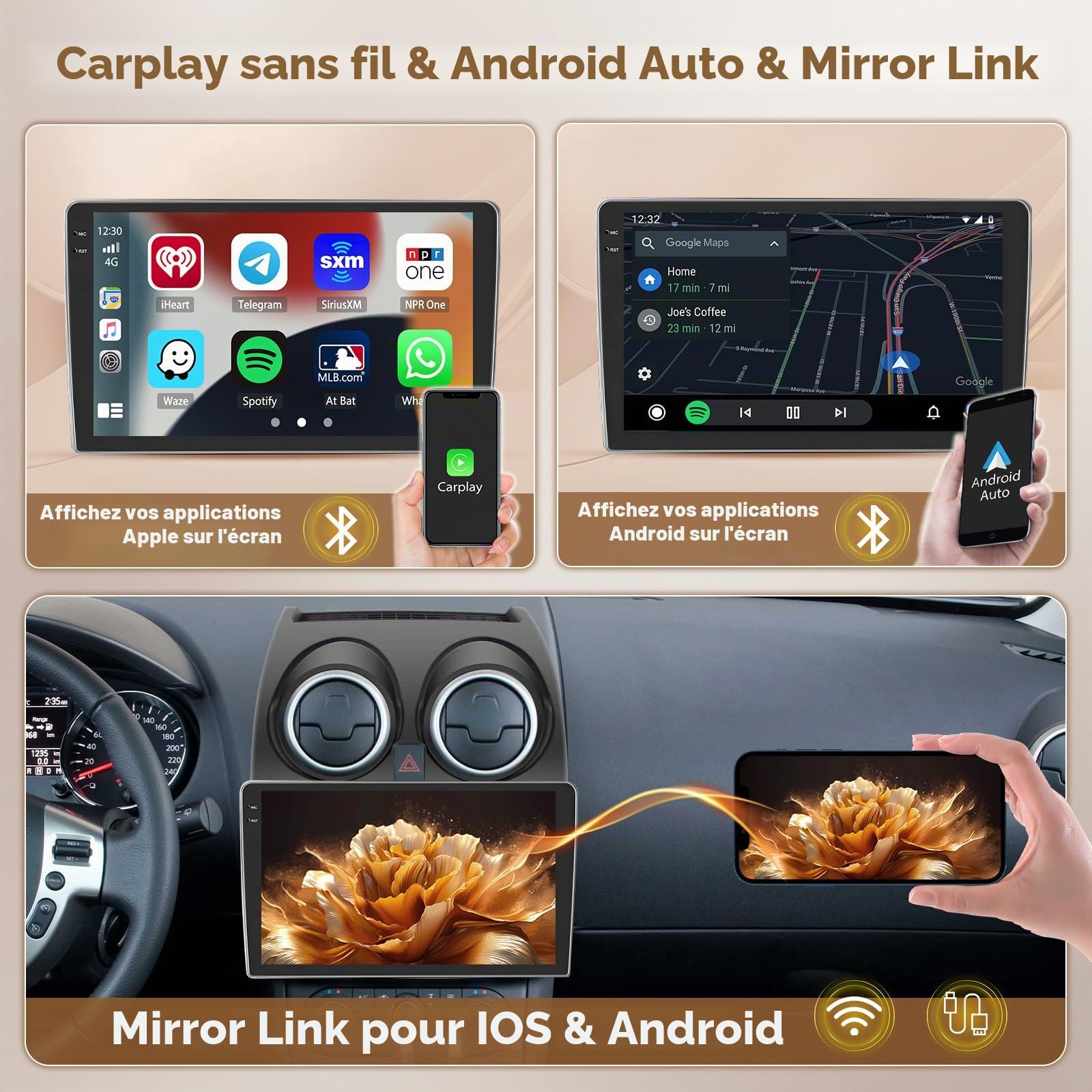Android 15 4+128G Autoradio Carplay pour Nissan Qashqai J10 2006-2013 Aves 9" Écran Tactile Incell, Auto Radio Aves sans Fil Carplay Android Auto, BT/WiFi/FM/RDS+Caméra de Recul+MIC