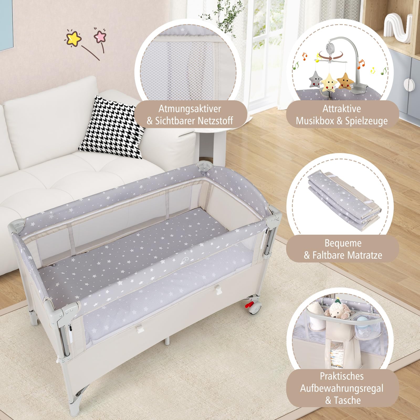 GOPLUS 5 in 1 Baby Beistellbett, Reisebett mit Wickelablage, Laufstall, Spieluhr, Spielzeug & Aufbewahrungskörben, Babybett klappbar mit Tragetasche für Baby bis 3 Jahren (Beige)