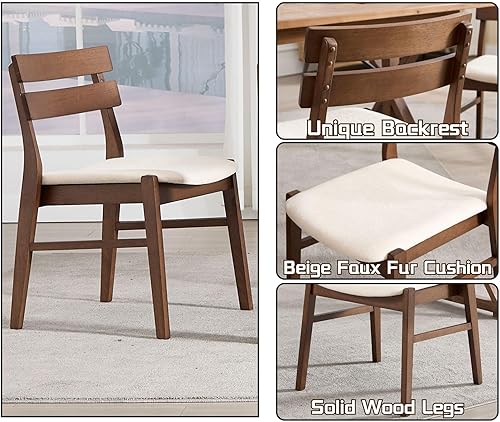 Miniatura 4 de Juego de 4 sillas de comedor de madera de nogal, modernas de mediados de siglo, tapizadas con diseño de boucle beige con respaldo de rejillas,