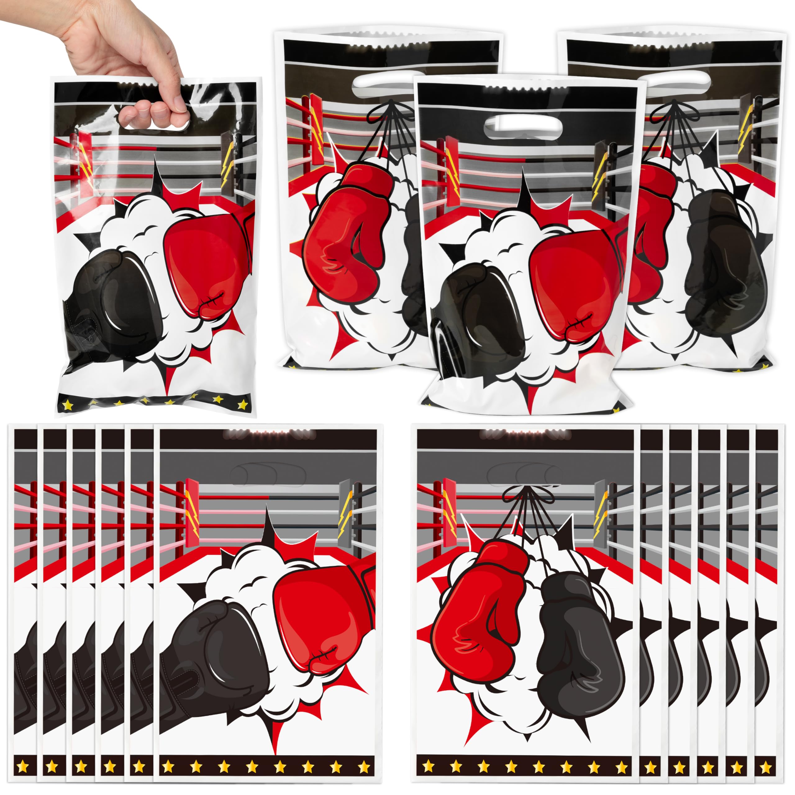 ArowlWesh Boxing Party Favor Bags - 50Pcs Plastic Boxing Candy Treat Gift Bags with Handles Boxing Match Birthday Party Decoration Snack Goodie Bags Kid Adult Birthday Party Supplies for Boxing Lovers