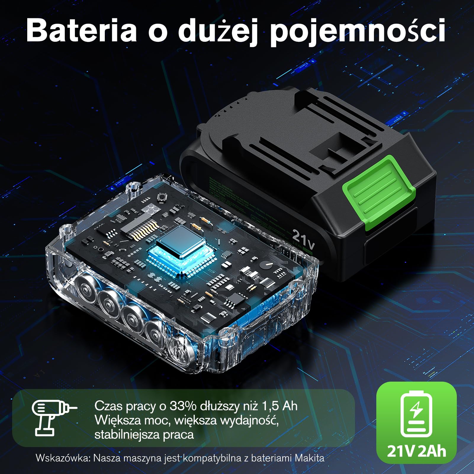 Ginour 21V Bezszczotkowa Akumulatorowa Wiertarko-Wkrętarka Udarowa, zestaw 2x2Ah, kompatybilna z akumulatorami Makia 18V, 50 Nm, 2 biegi, 23+3 moment, 47-pcs zestaw akcesoriów z walizką, LED, 10mm