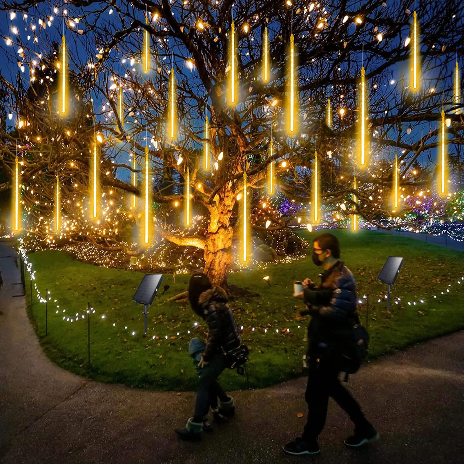 KINGCOO Solar Meteorschauer Regenlichter, Wasserdichte 30cm 10 Tube 360LEDs Schneefall Regentropfen Weihnachten Lichterketten für Hochzeit Party Garten Außen Innen Dekoration (Warmweiß)