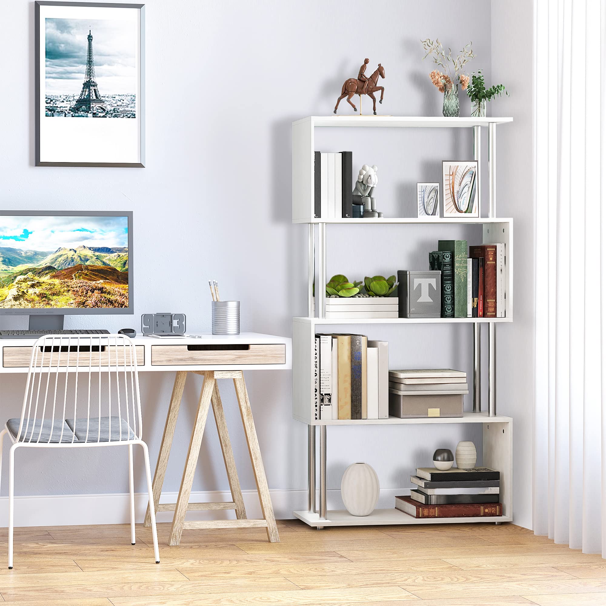 HOMCOM Bibliothèque étagère Design en S 4 Niveaux 80L x 30l x 145H cm Blanc | Contemporain
