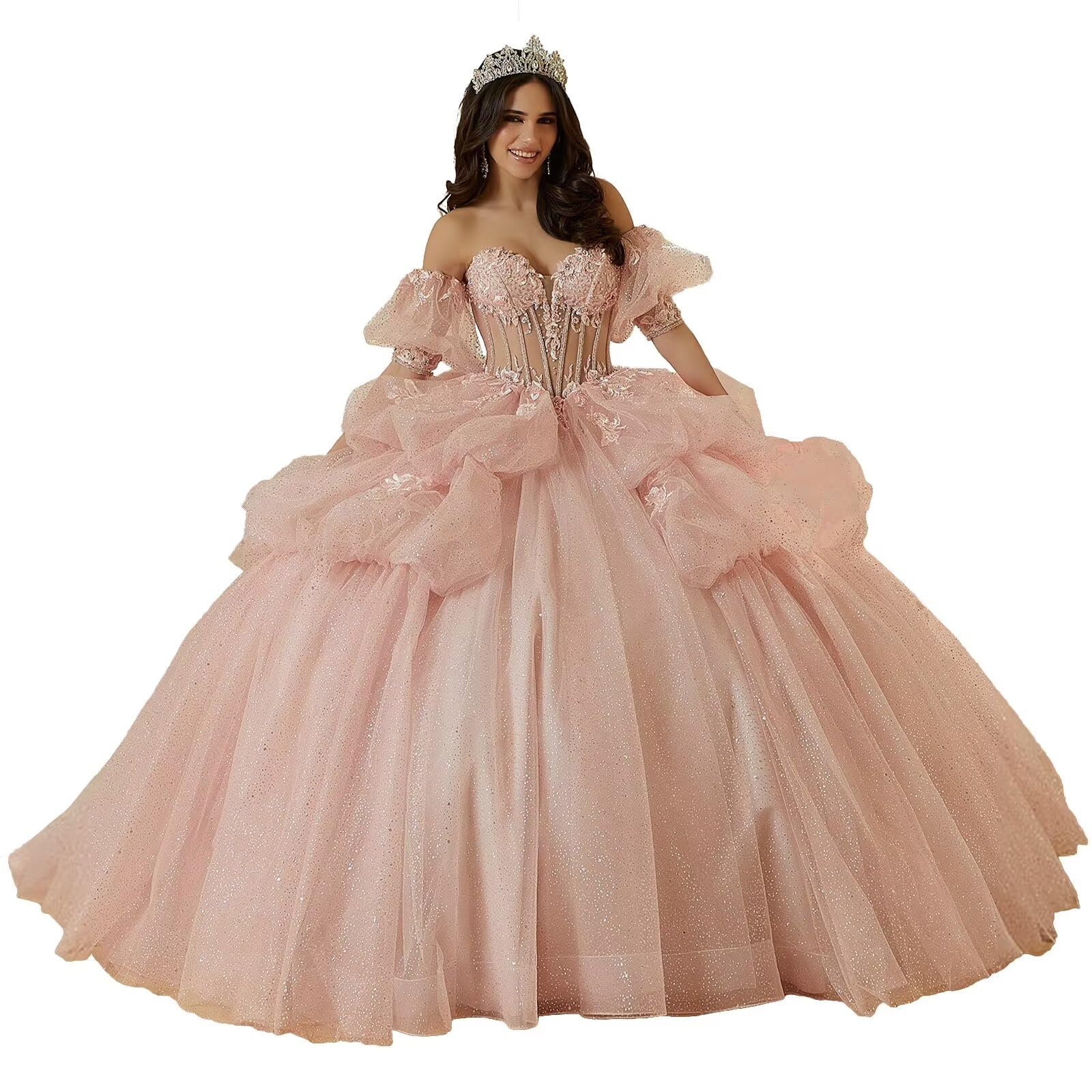 DXUOPL Glitter Tulle Quinceanera Dresses with Bow Elegant Ruffles Ball Gowns Lace Appliques Sweet 15 16 Dresses with Sleeves