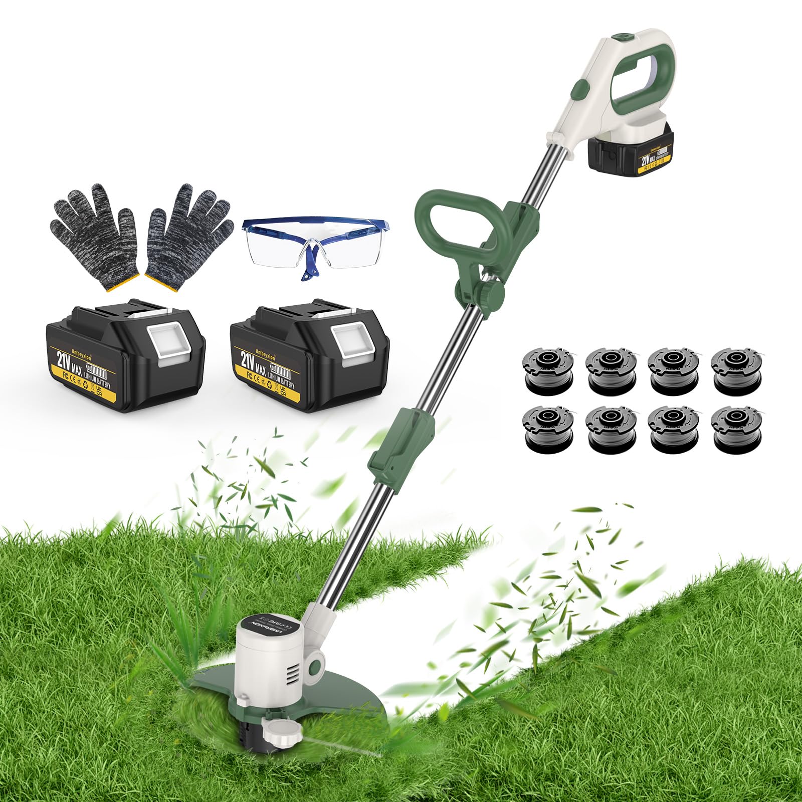 Umbryxion Cordless Grass Trimmer, 3-in-1 10" with Auto Spool Feed, 21V 2×4.0Ah Batteries + 8 Spools, Lightweight ABS Body with Pure Copper Motor, for Garden & Lawn Edging