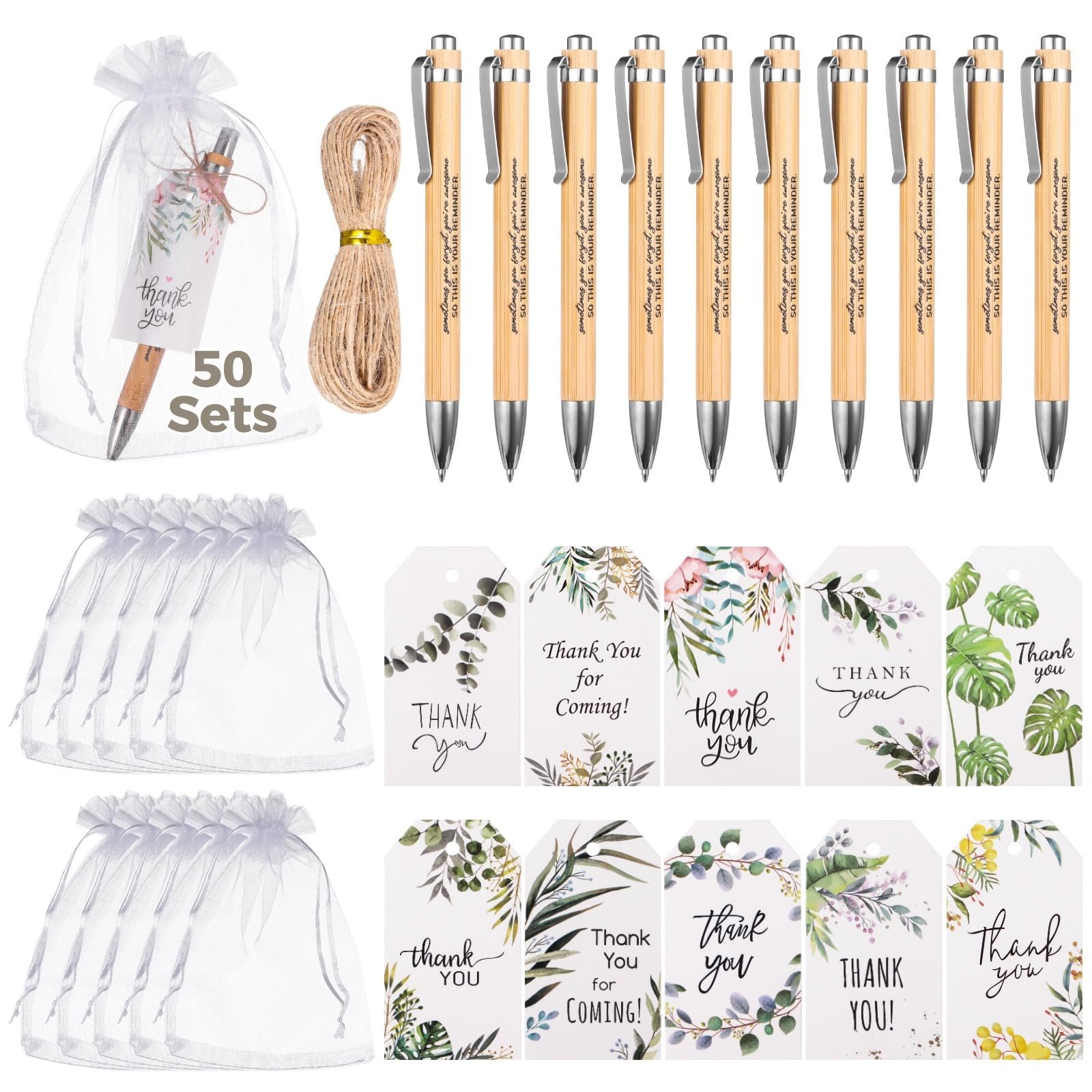 Staff Motivation Bambus-Stifte mit grünen Karten, 50 Stück, Anerkennungs-Geschenk-Set mit Taschen und Jute-Schnur