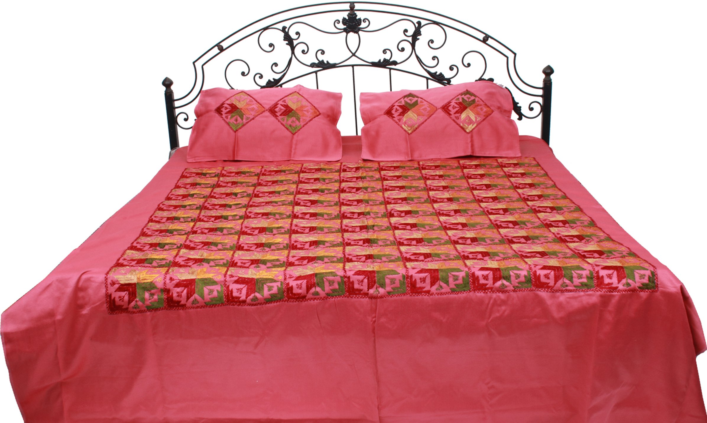 Exotic India Phulkari Embroidered Bedspread from Punjab - Cotton with Pillow Covers-image-17