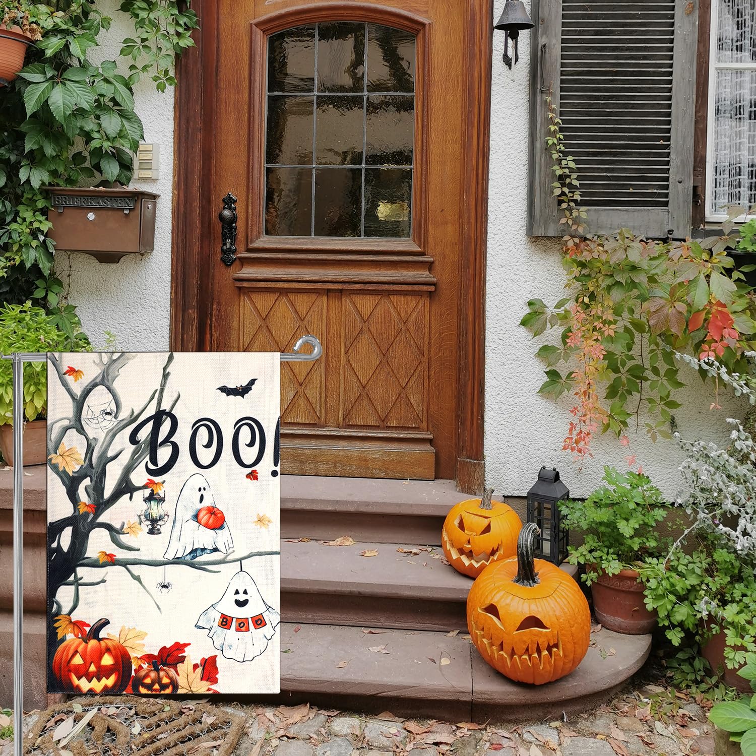 Halloween Gartenflagge – Doppelseitig, 30x45 Cm, Sackleinen, Gruselige Motive (Kürbis, Fledermaus, Geist) Für Hof & Balkon