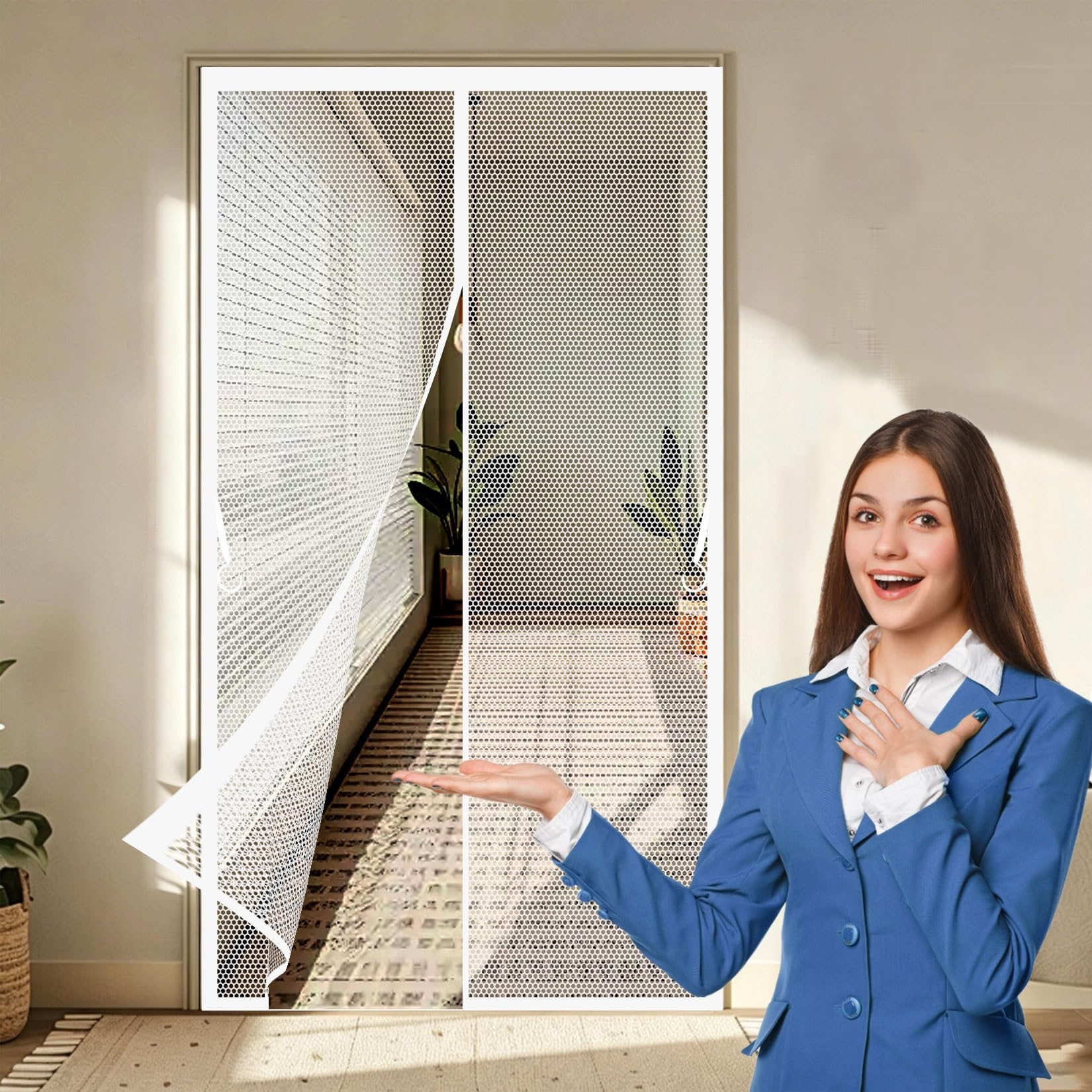 Magnetic Fly Screen Door 110 x 213 cm Frame Hook & Loop, Powerful Magnets Door Screen, Nets Patio Curtain No Drill Installation, Keep Bugs Out for Patio Doors Bedroom, White