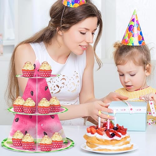 Miniatura 6 de Sliner Soporte para cupcakes de sandía de 3 niveles, decoración de fiesta de verano con tema de sandía, torre de postre de cumpleaños rosa para