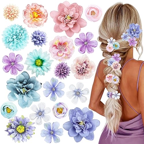 21 PCS Hair Flowers Boho Hair Barrettes Accessories Hawaiian Silk Flower Clips Girls Purple Blue Floral Bride Headpiece Festival(BLUE & PURPLE) - 1 Count (Pack of 21) - Purple&Blue