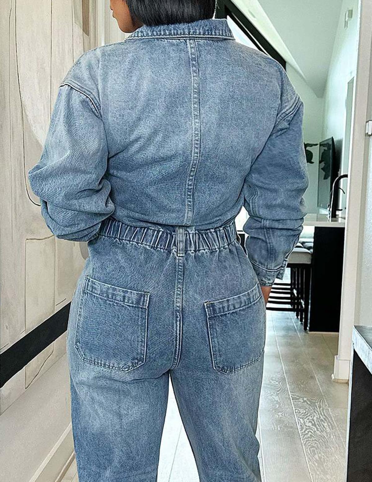 cffvdiz Denim Combinaison pour Femmes Sexy Slim Fit Manches Longues Taille Haute Jean Combinaisons Bouton Bas Élastique Taille Longue Romper