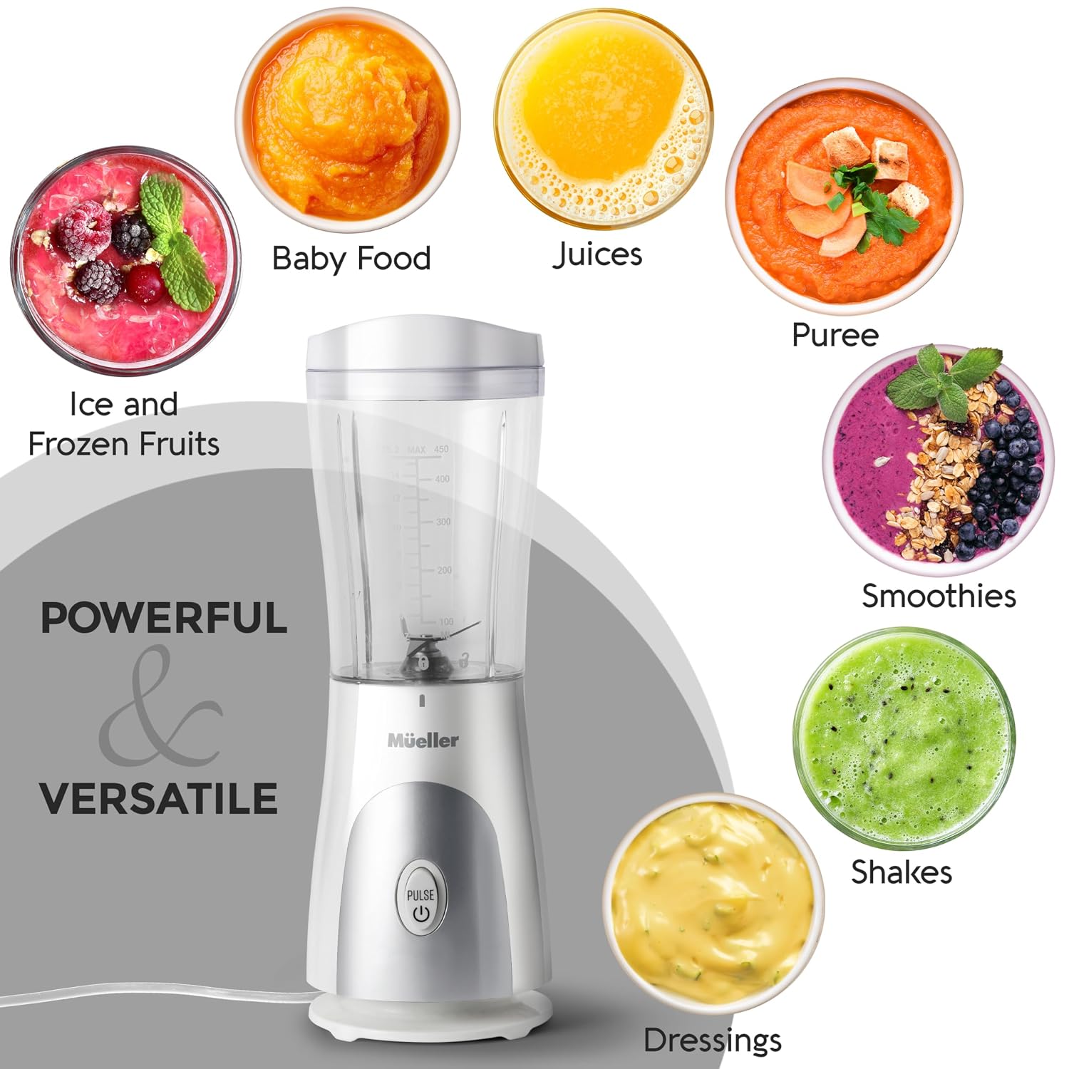 Mueller Personal Blender for Shakes and Smoothies with 15 Oz Travel Cup and Lid, Juices, Baby Food, Heavy-Duty Portable Blender & Food Processor, White, view 5