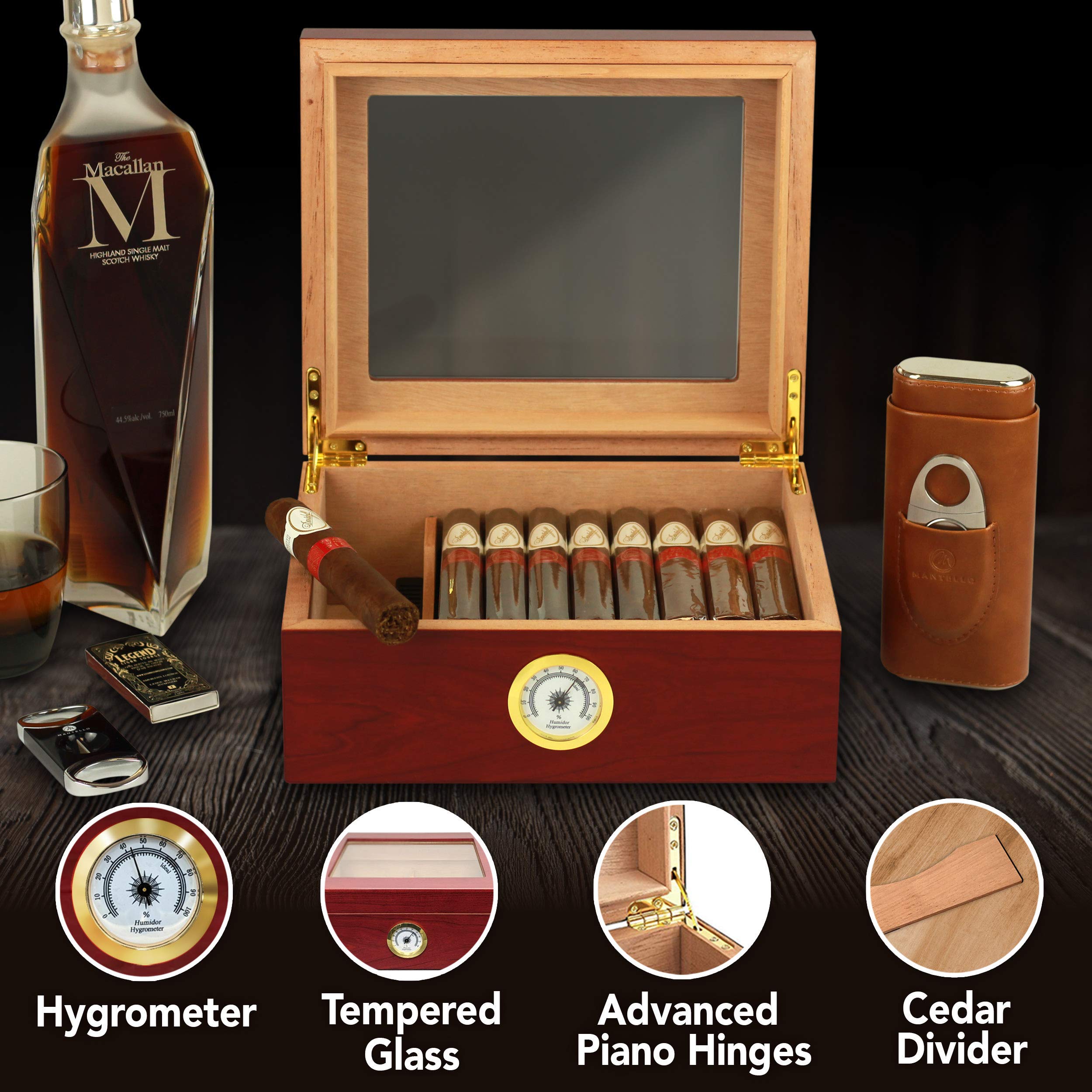 Mantello Cigar Humidor, GlassTop Cigar Humidor hygrometer, Cigar Box