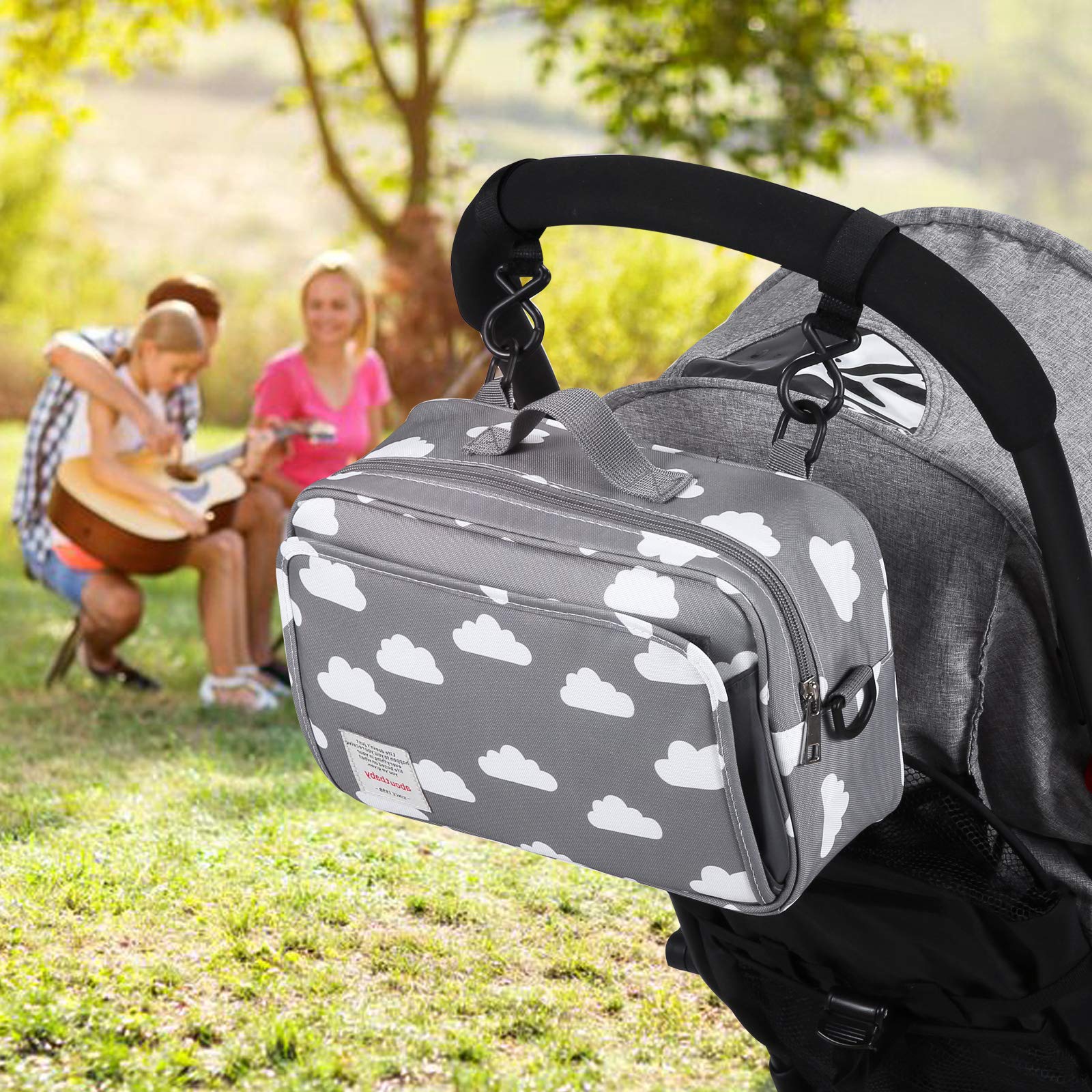 Rutschfester Kinderwagen-Organizer für Windeln mit isolierter Tasche, Kinderwagenhaken und verstellbarem Gurt, universell passend für alle Kinderwagen, Grau