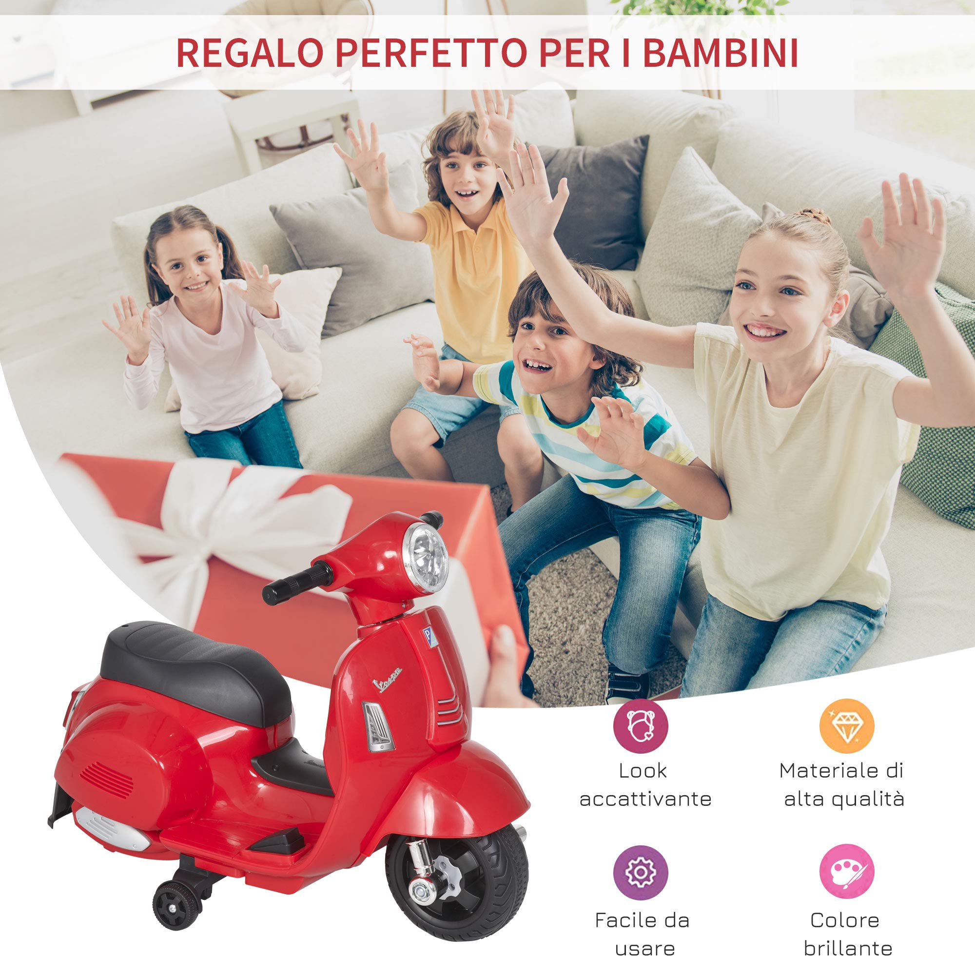 HOMCOM Moto Elettrica per Bambini 6V con Licenza Ufficiale Vespa Batteria, Motorino Elettrico per Bambini da 18-36 Mesi con Fari e Clacson, 66.5x38x52cm, Rosso